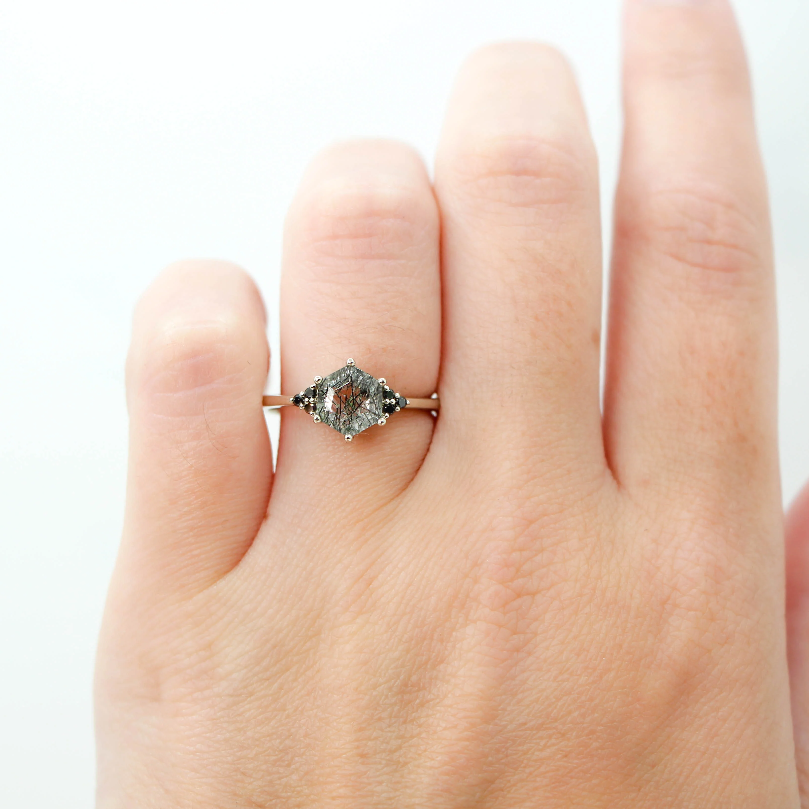 Imogene Ring with a 6.5mm Hexagon Tourmalinated Quartz - Made to Order - Image 7