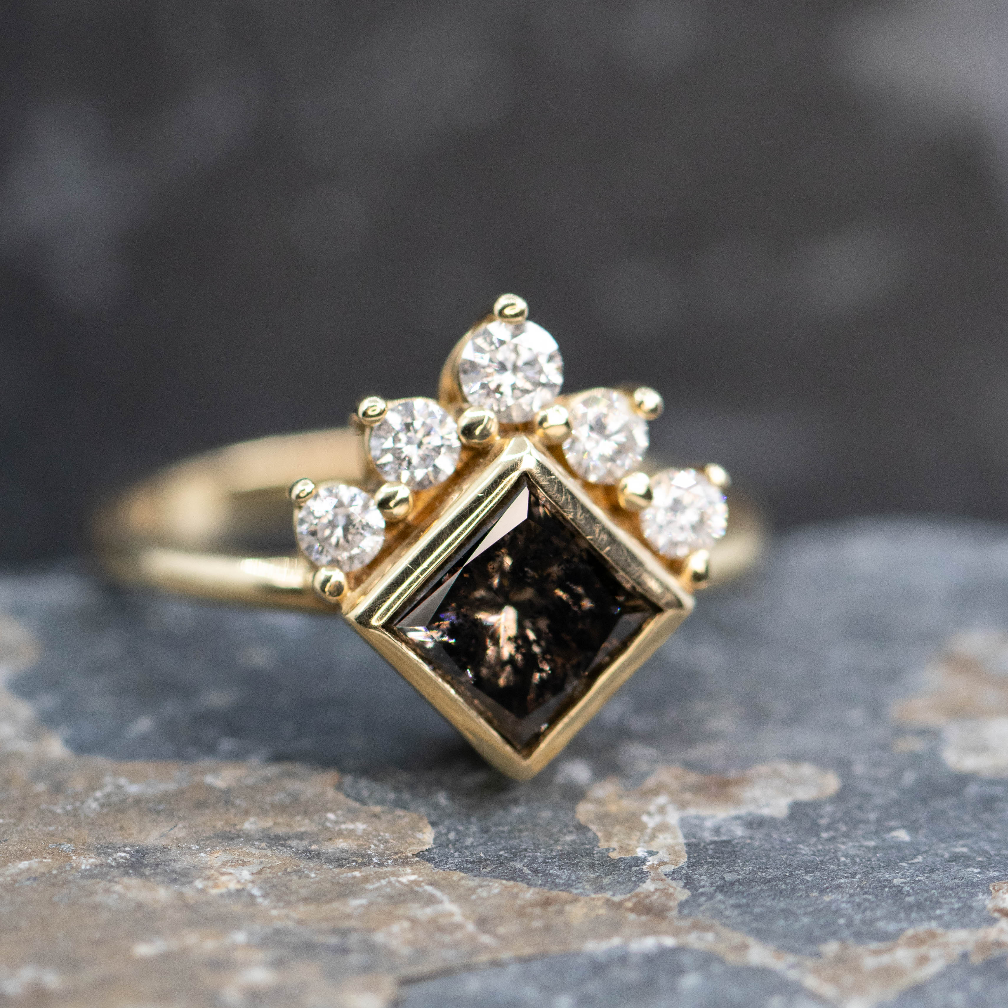Ashlyn Ring with a 1.62 Carat Dark Champagne Salt and Pepper Princess Cut Diamond in 14K Yellow Gold - Ready to Size and Ship - Image 8