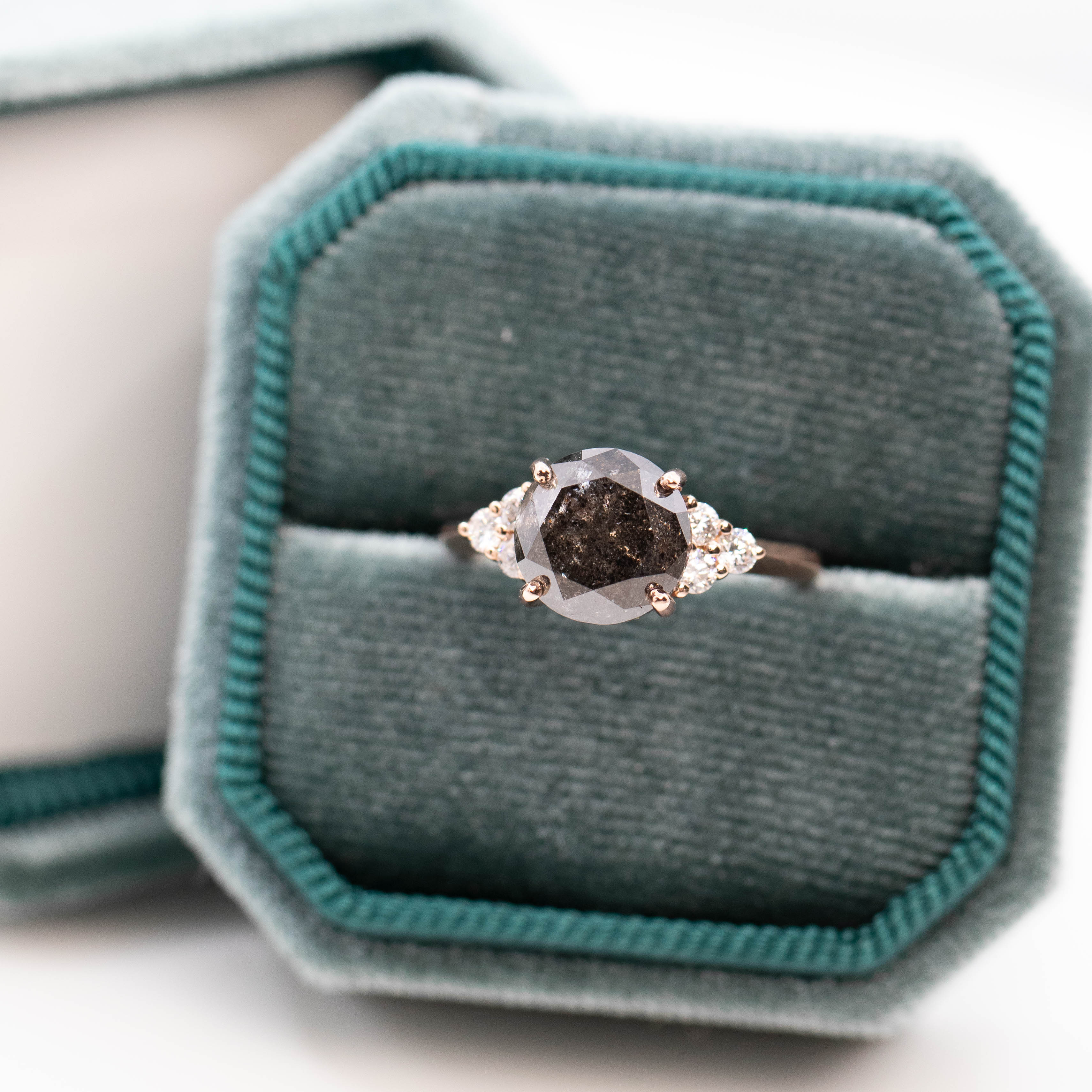 Aster Ring with a 4.84 Carat Dark Salt and Pepper Diamond and White Accent Diamonds in 14k Rose Gold - Ready to Size and Ship - Image 8