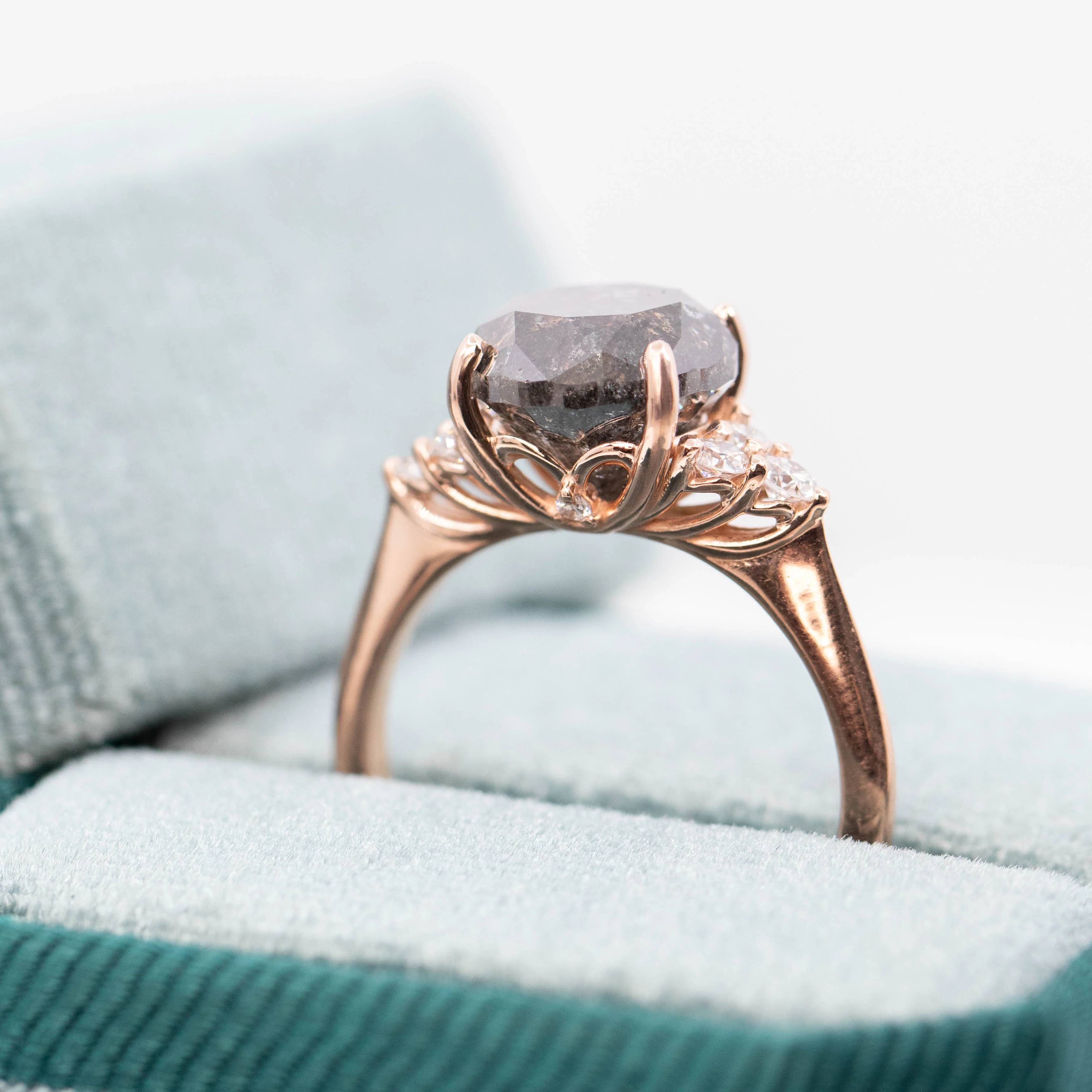 Aster Ring with a 4.84 Carat Dark Salt and Pepper Diamond and White Accent Diamonds in 14k Rose Gold - Ready to Size and Ship - Image 9
