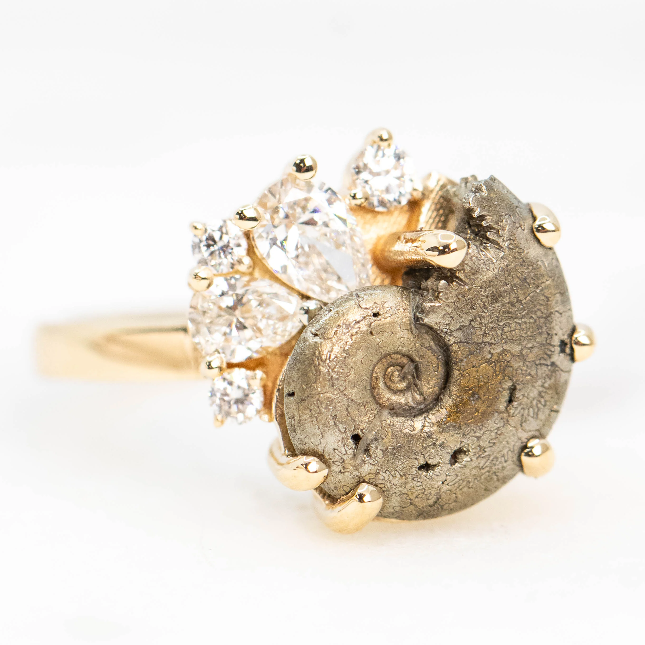 Calypso Ring with an Ammonite Fossil and White Accent Diamonds - Made to Order - Image 4