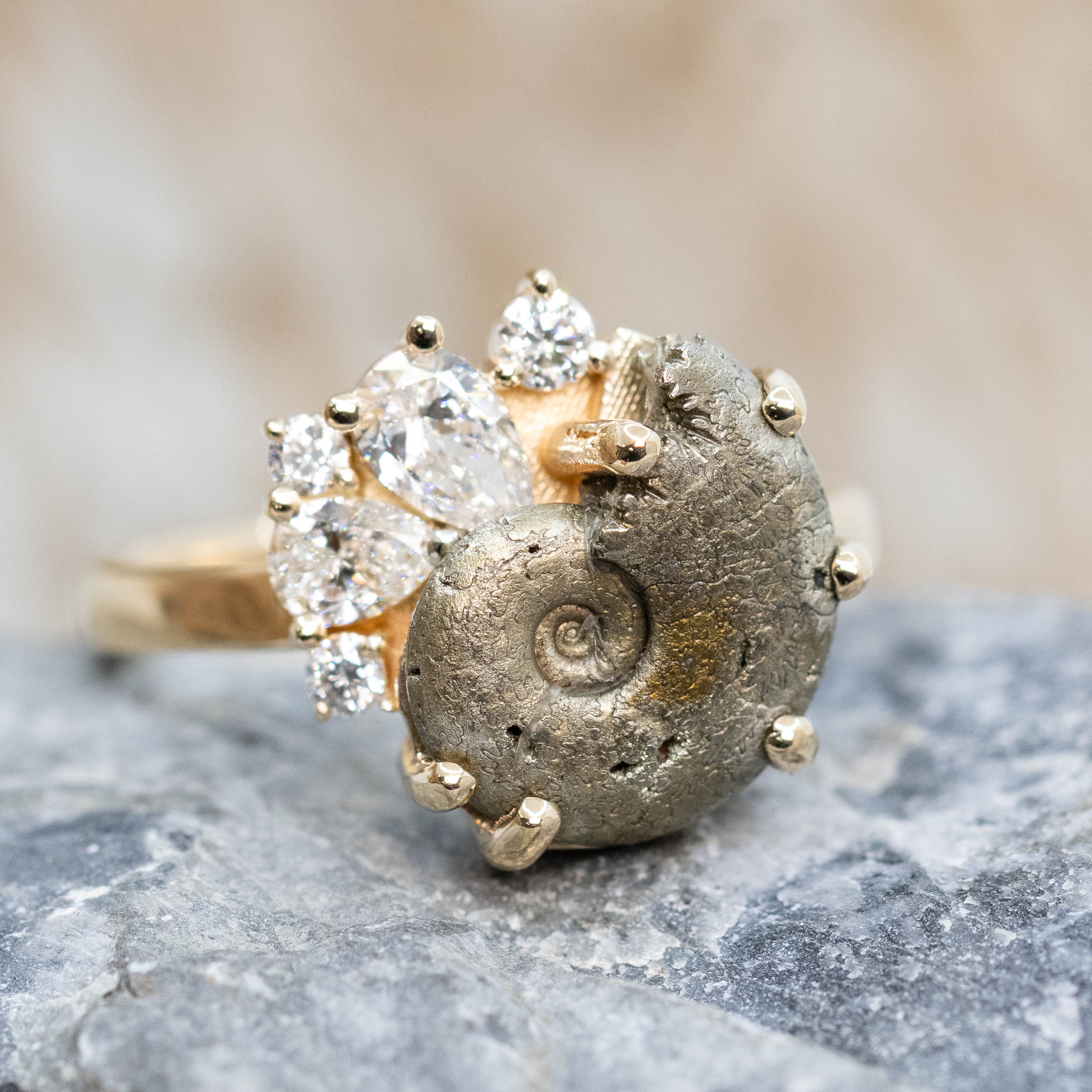 Calypso Ring with an Ammonite Fossil and White Accent Diamonds - Made to Order - Image 8