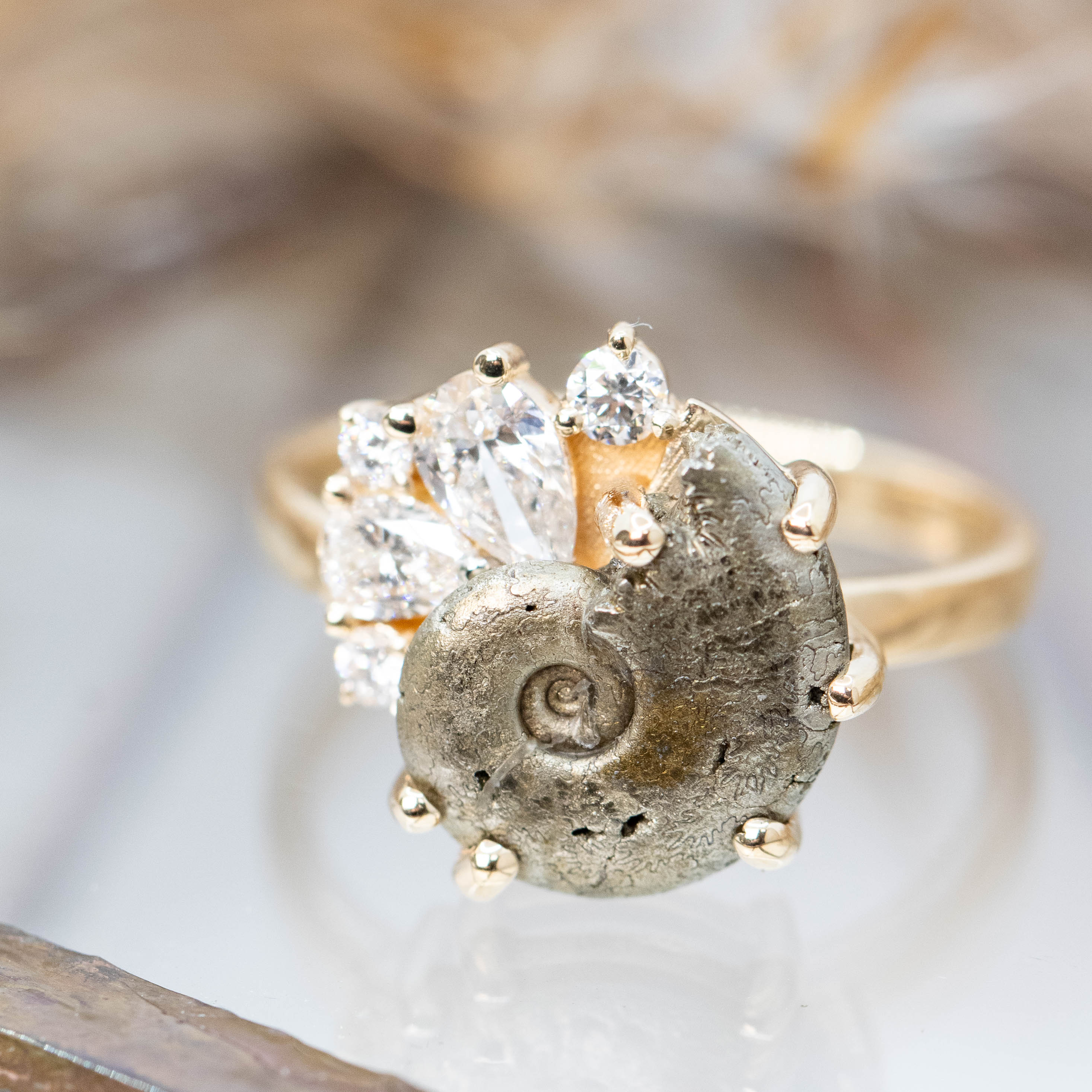 Calypso Ring with an Ammonite Fossil and White Accent Diamonds - Made to Order - Image 9