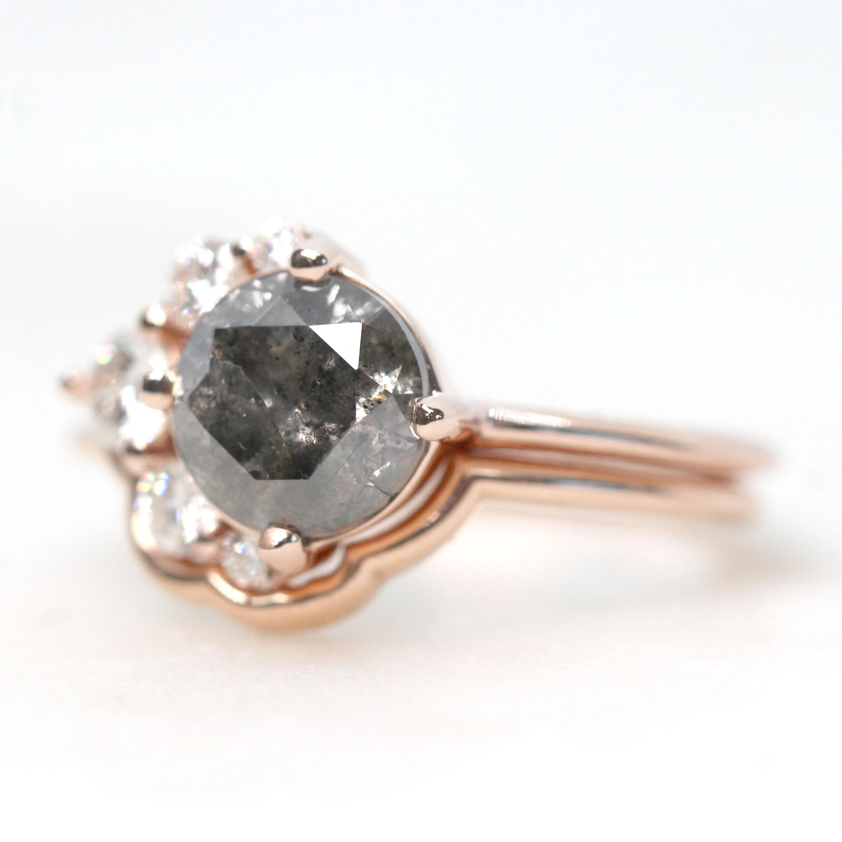 Carell Ring & Contour Band with a 1.98 Carat Round Black Salt and Pepper Diamond and White Accent Diamonds in 14k Rose Gold - Ready to Size and Ship - Image 4