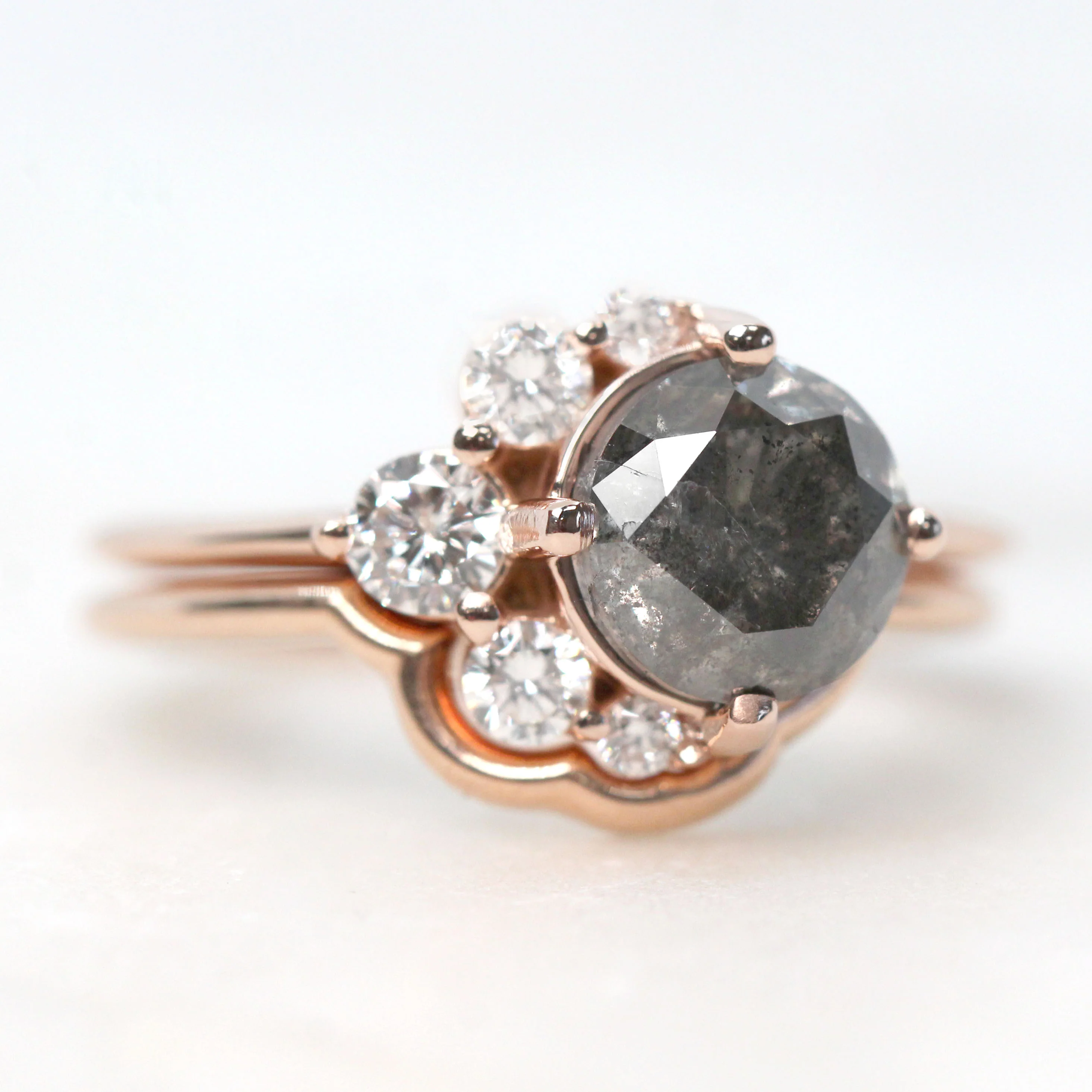 Carell Ring & Contour Band with a 1.98 Carat Round Black Salt and Pepper Diamond and White Accent Diamonds in 14k Rose Gold - Ready to Size and Ship - Image 5