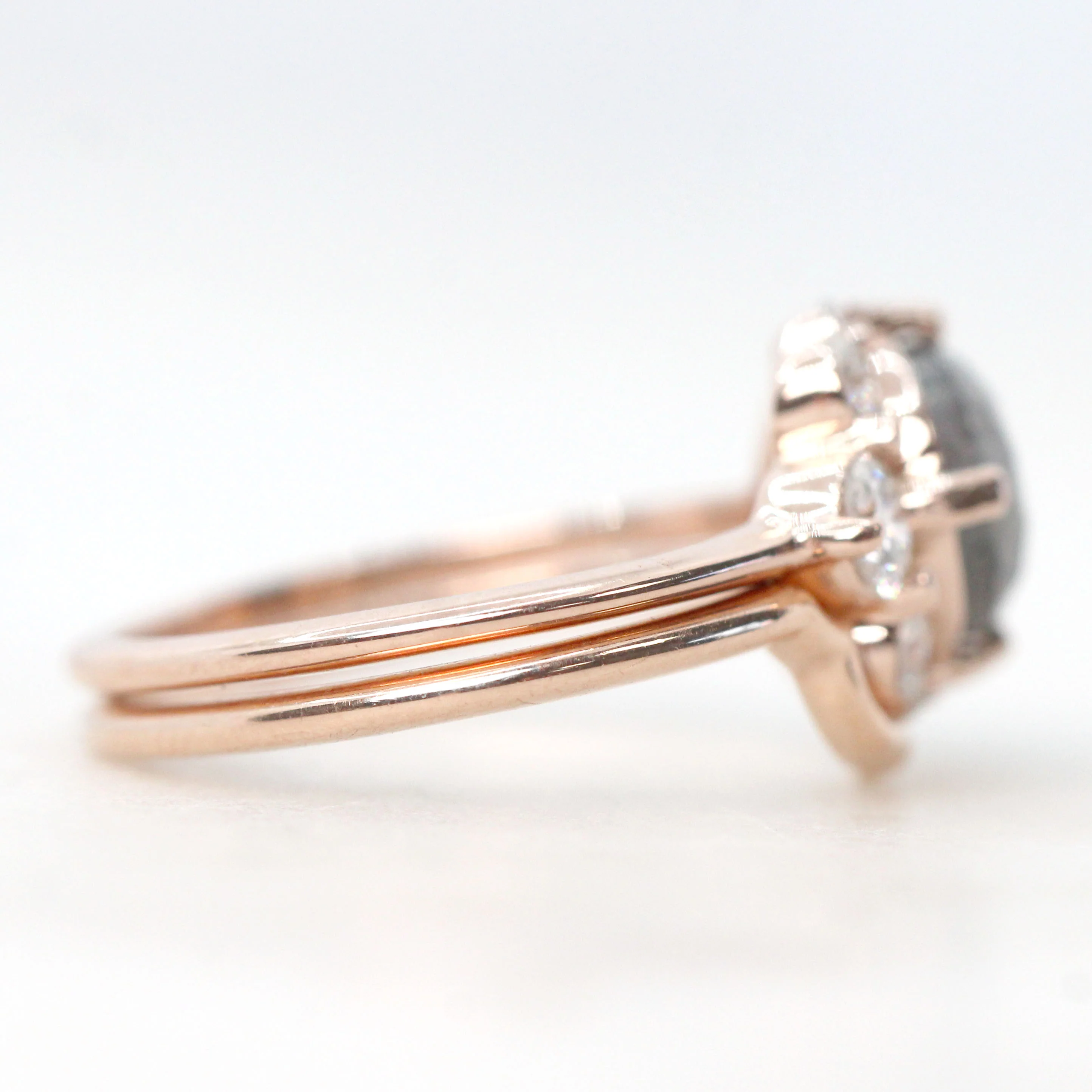 Carell Ring & Contour Band with a 1.98 Carat Round Black Salt and Pepper Diamond and White Accent Diamonds in 14k Rose Gold - Ready to Size and Ship - Image 6