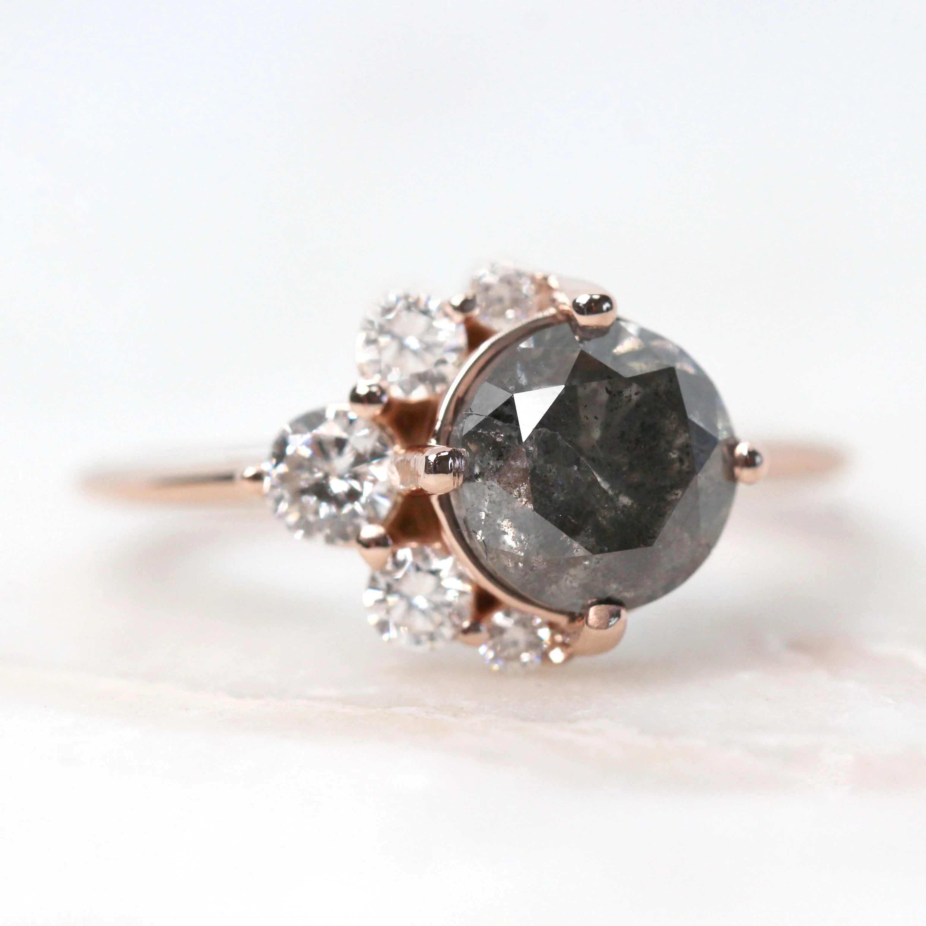 Carell Ring & Contour Band with a 1.98 Carat Round Black Salt and Pepper Diamond and White Accent Diamonds in 14k Rose Gold - Ready to Size and Ship - Image 9