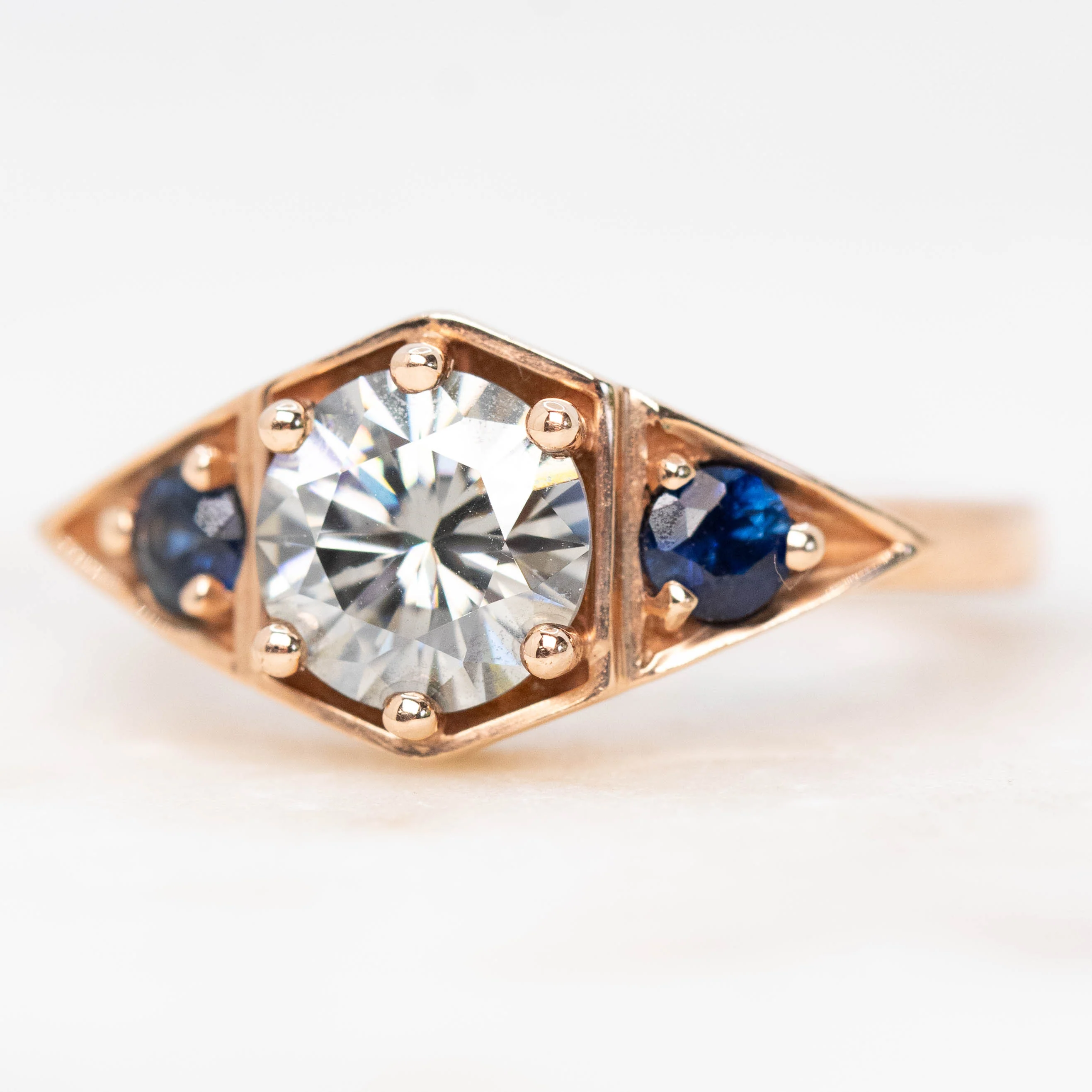 Cassia Ring with a 1.00 Carat Round Gray Moissanite and Blue Sapphire Accents in 10k Rose Gold - Ready to Size and Ship - Image 3