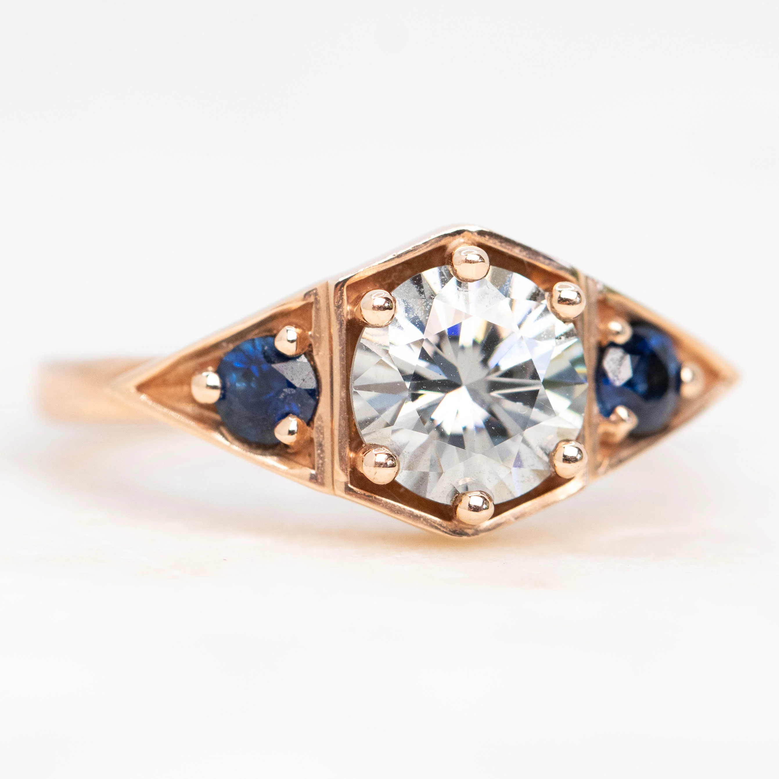 Cassia Ring with a 1.00 Carat Round Gray Moissanite and Blue Sapphire Accents in 10k Rose Gold - Ready to Size and Ship - Image 4