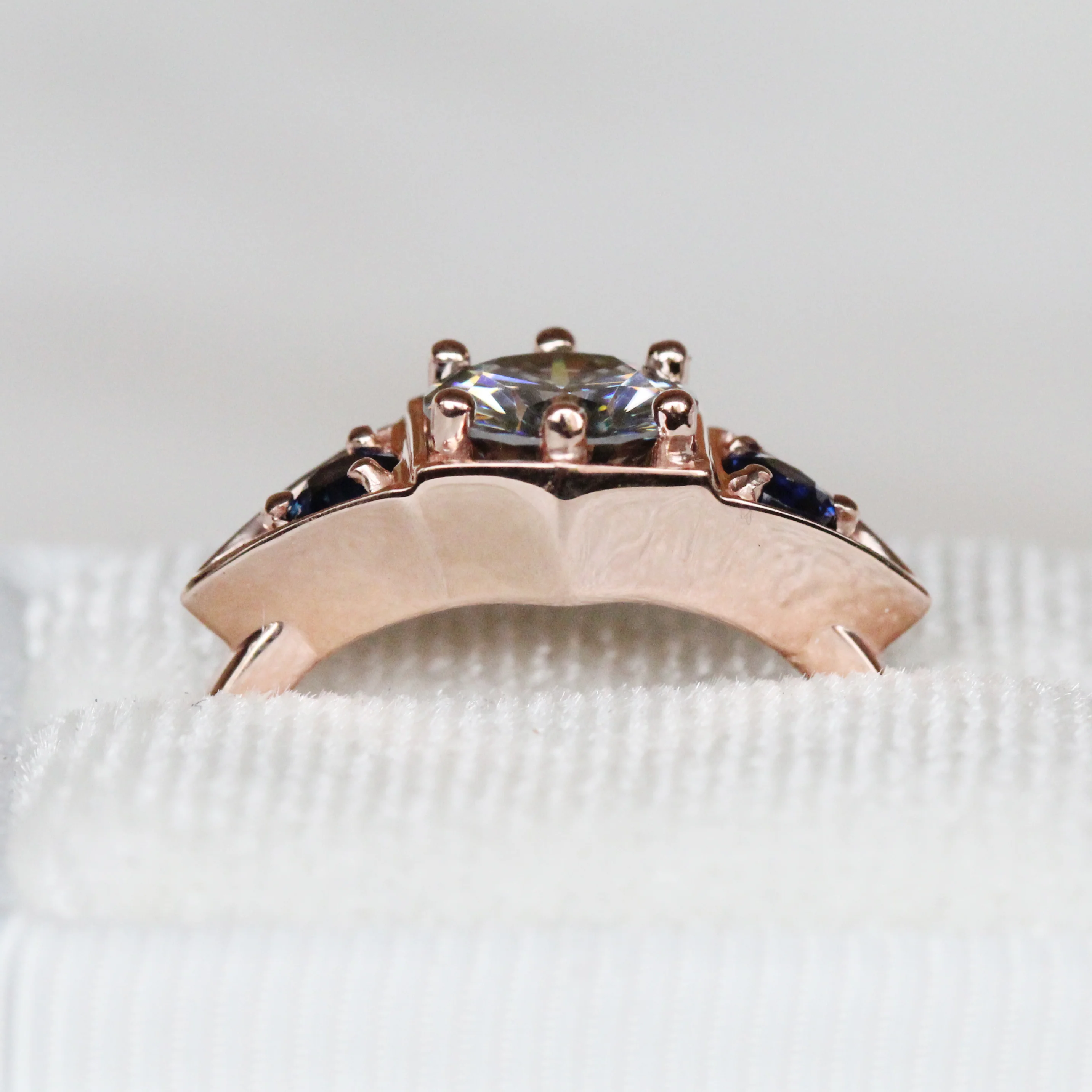 Cassia Ring with a 1.00 Carat Round Gray Moissanite and Blue Sapphire Accents in 10k Rose Gold - Ready to Size and Ship - Image 7