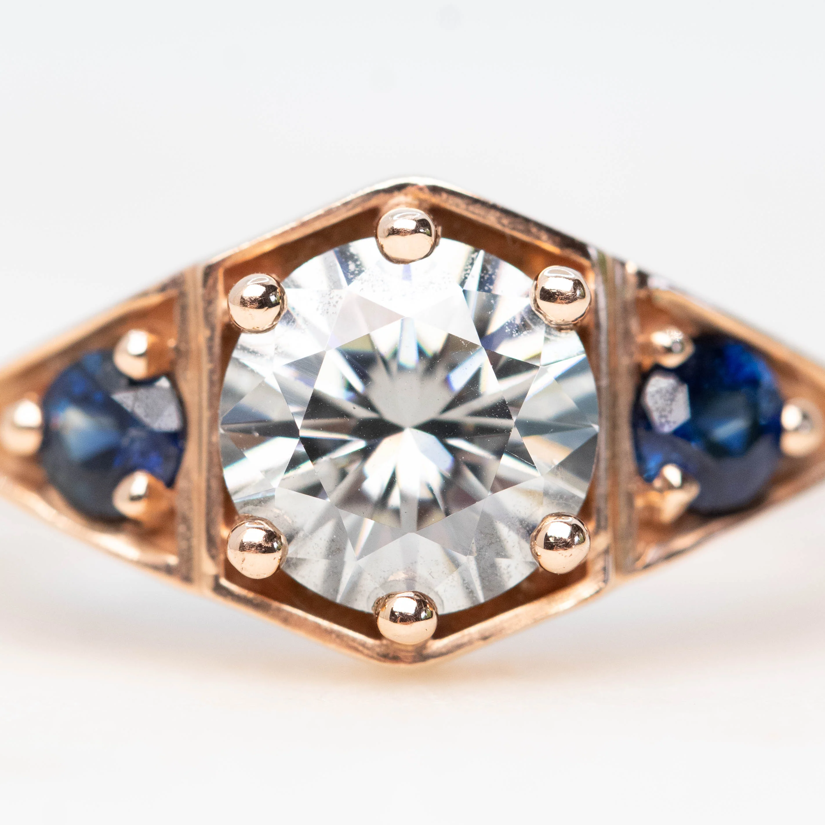 Cassia Ring with a 1.00 Carat Round Gray Moissanite and Blue Sapphire Accents in 10k Rose Gold - Ready to Size and Ship - Image 8
