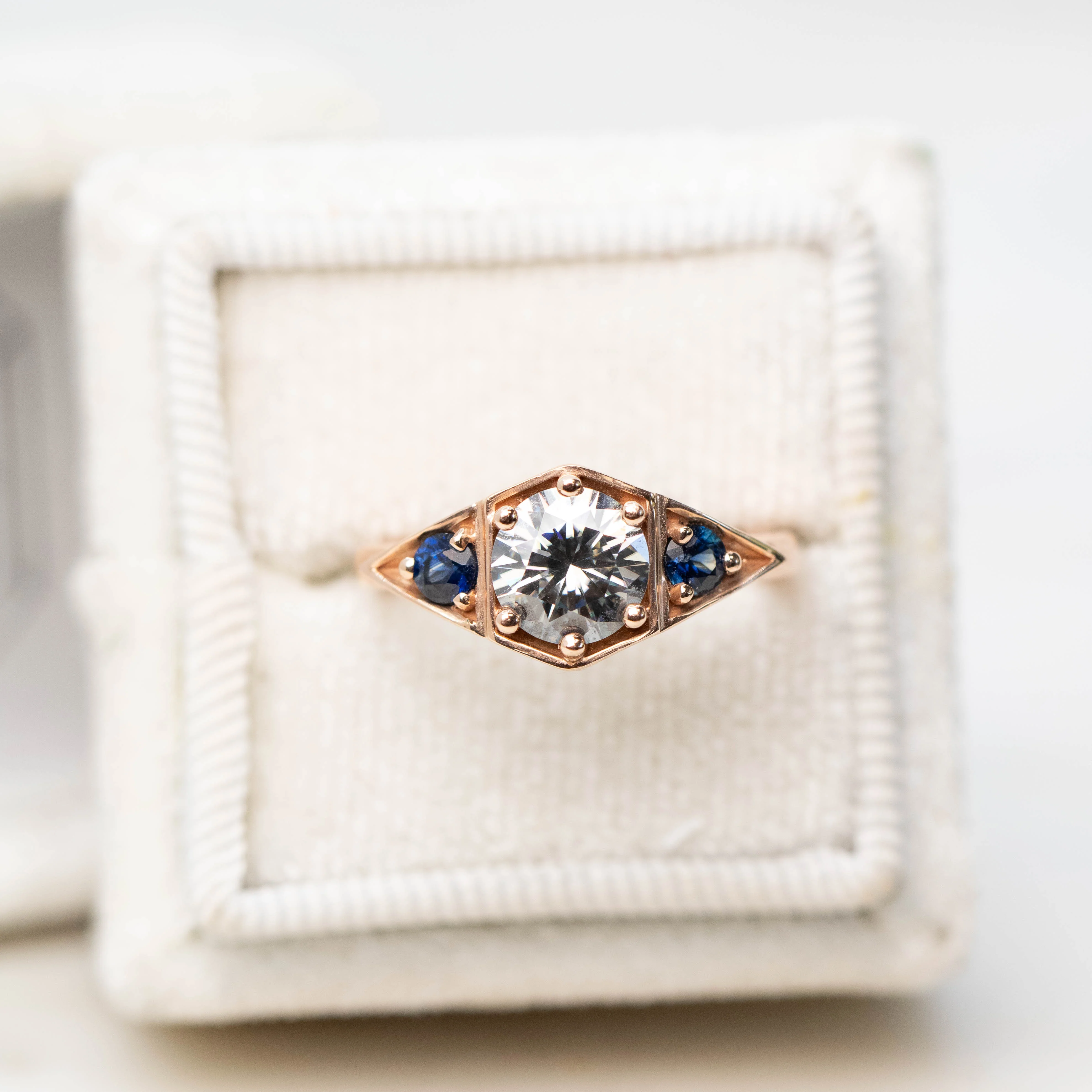 Cassia Ring with a 1.00 Carat Round Gray Moissanite and Blue Sapphire Accents in 10k Rose Gold - Ready to Size and Ship - Image 9