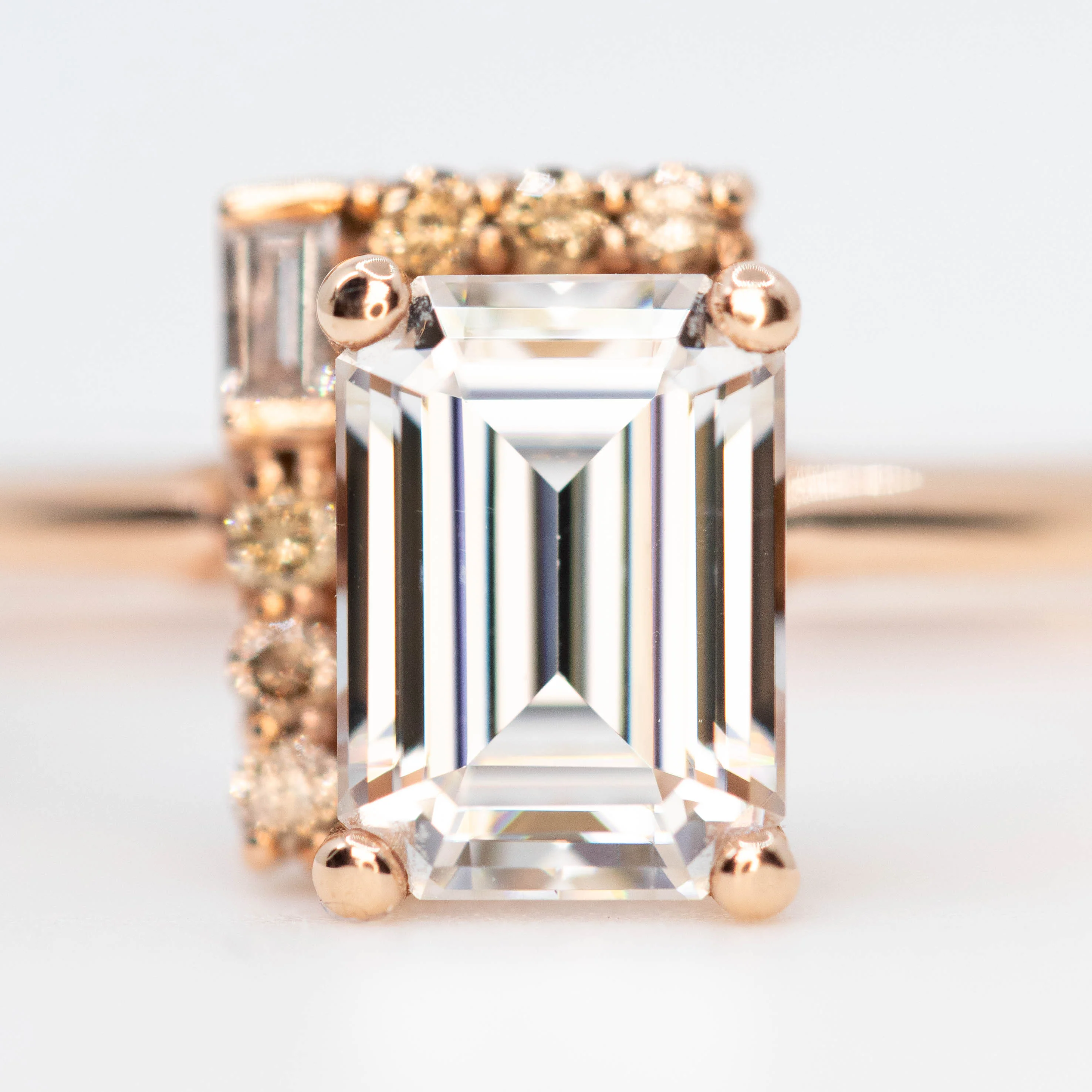 Celine Ring with a 0.92 Carat Step Cut Moissanite and Cognac Accent Diamonds in 14k Rose Gold - Ready to Size and Ship - Image 7