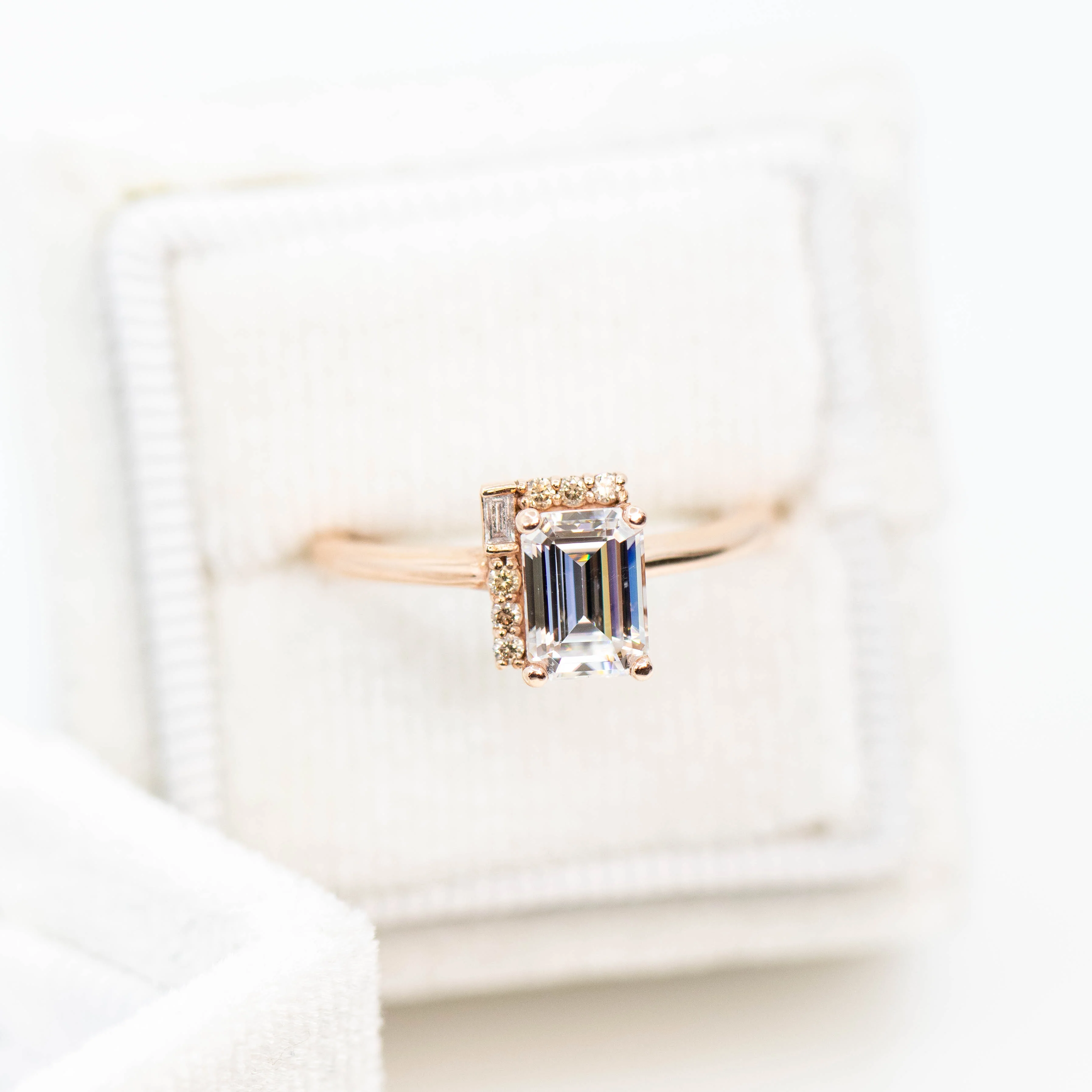 Celine Ring with a 0.92 Carat Step Cut Moissanite and Cognac Accent Diamonds in 14k Rose Gold - Ready to Size and Ship - Image 8