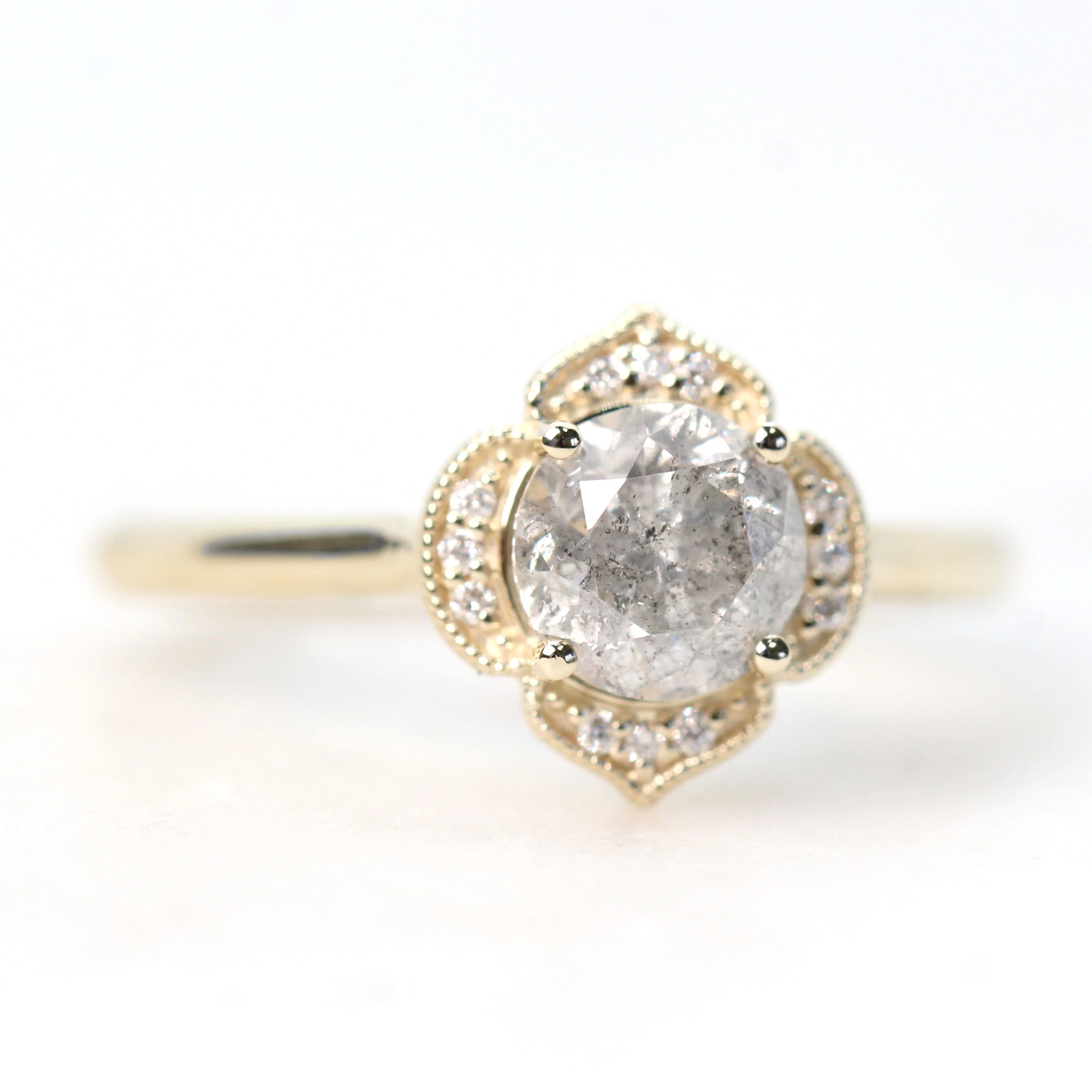 Clementine Ring with a 1.05 Carat Round Light Gray Salt and Pepper Diamond and White Accent Diamonds in 14k Yellow Gold - Ready to Size and Ship - Image 3