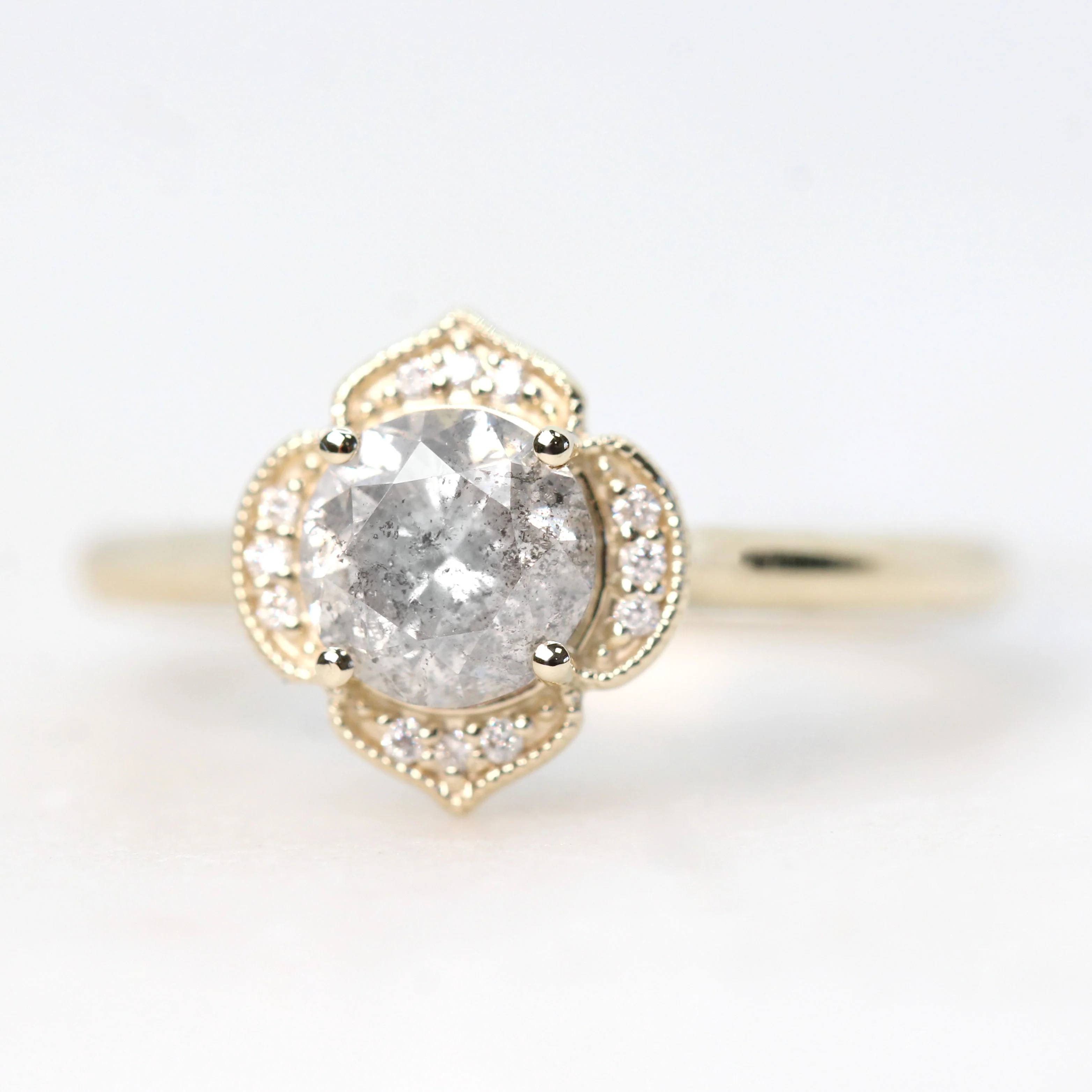 Clementine Ring with a 1.05 Carat Round Light Gray Salt and Pepper Diamond and White Accent Diamonds in 14k Yellow Gold - Ready to Size and Ship - Image 4
