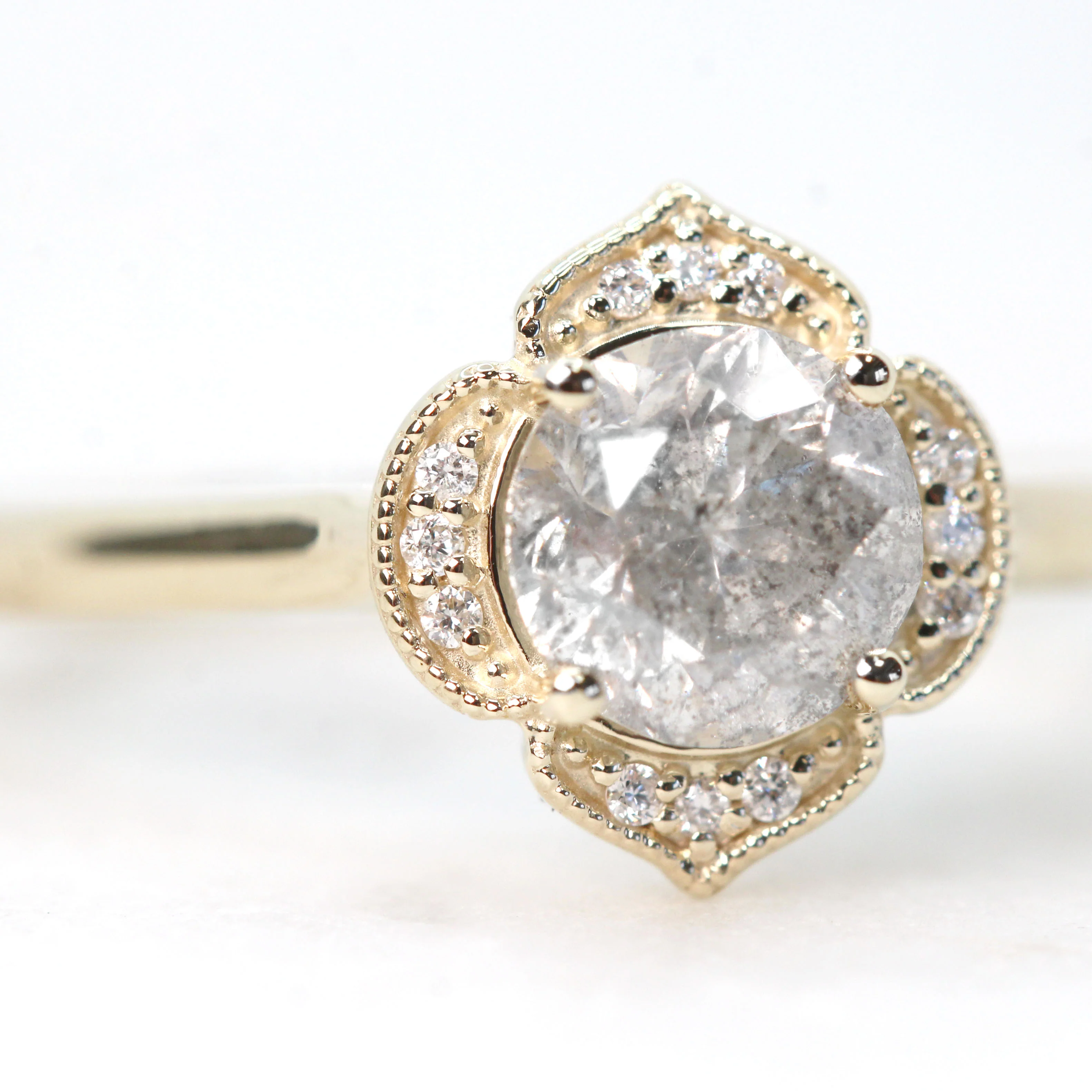 Clementine Ring with a 1.05 Carat Round Light Gray Salt and Pepper Diamond and White Accent Diamonds in 14k Yellow Gold - Ready to Size and Ship - Image 7