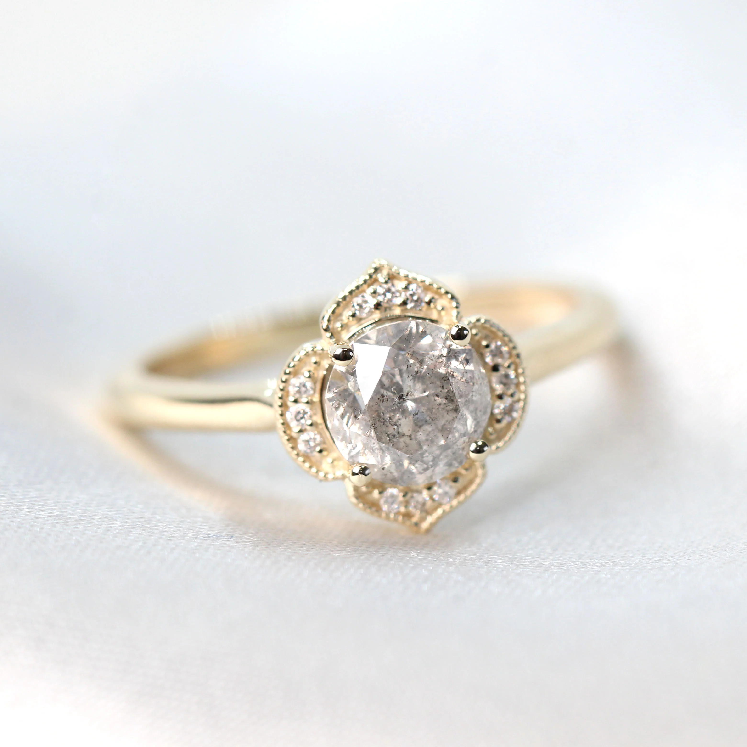 Clementine Ring with a 1.05 Carat Round Light Gray Salt and Pepper Diamond and White Accent Diamonds in 14k Yellow Gold - Ready to Size and Ship - Image 8