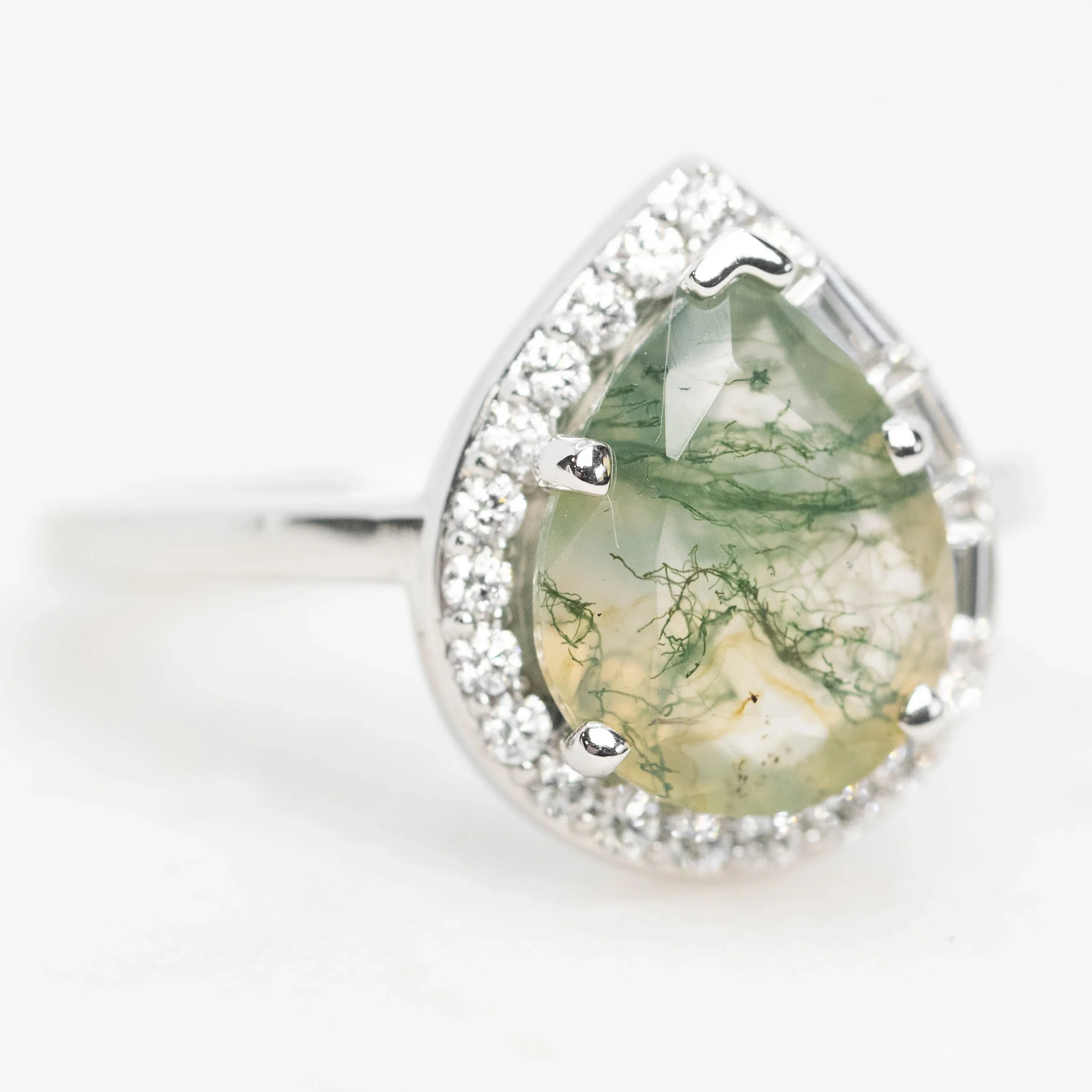Collins Ring with a Pear Moss Agate and White Accent Diamonds - Made to Order - Image 4