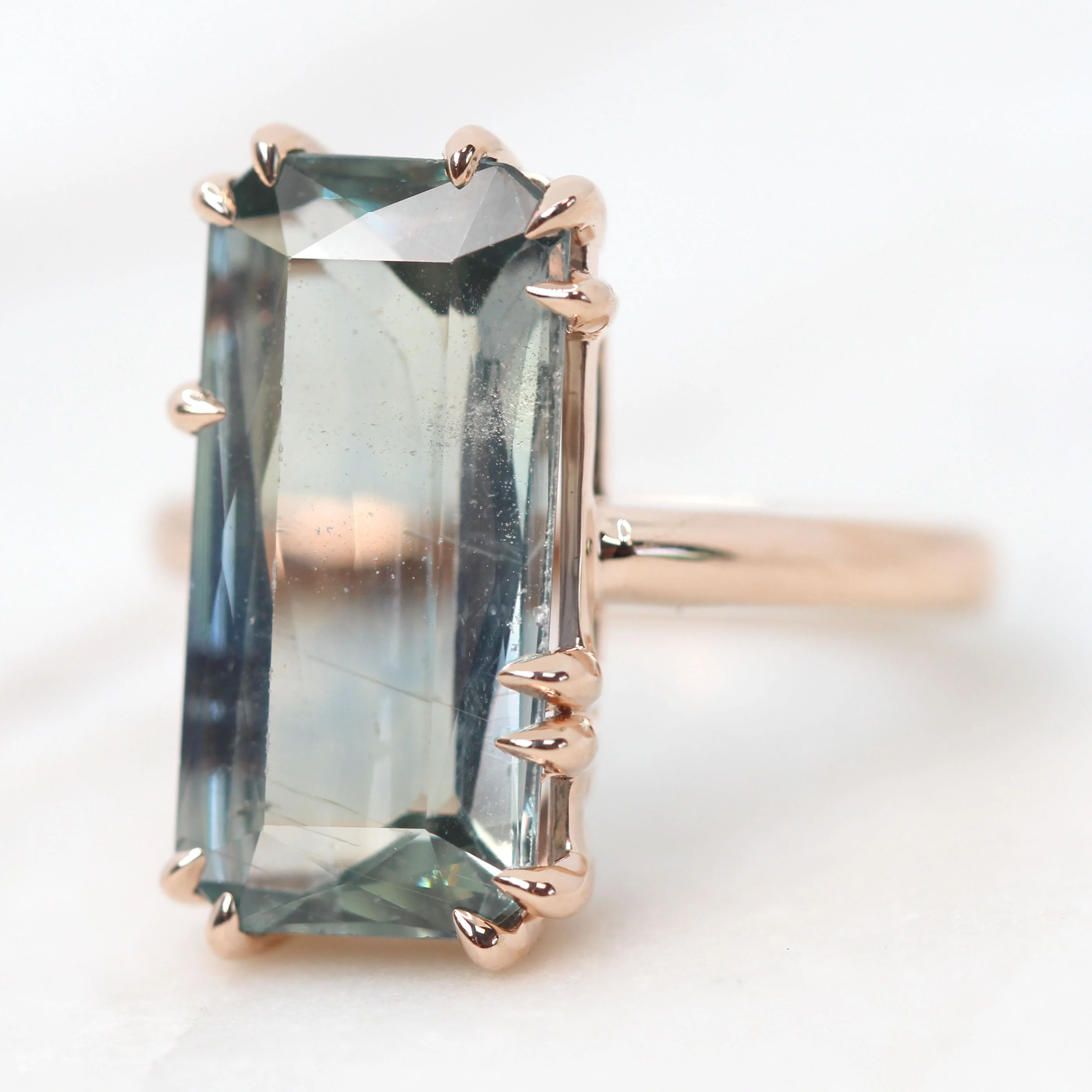 Elena Ring with a 10.75 Carat Emerald Cut Teal Sapphire in 14k Rose Gold - Ready to Size and Ship - Image 3