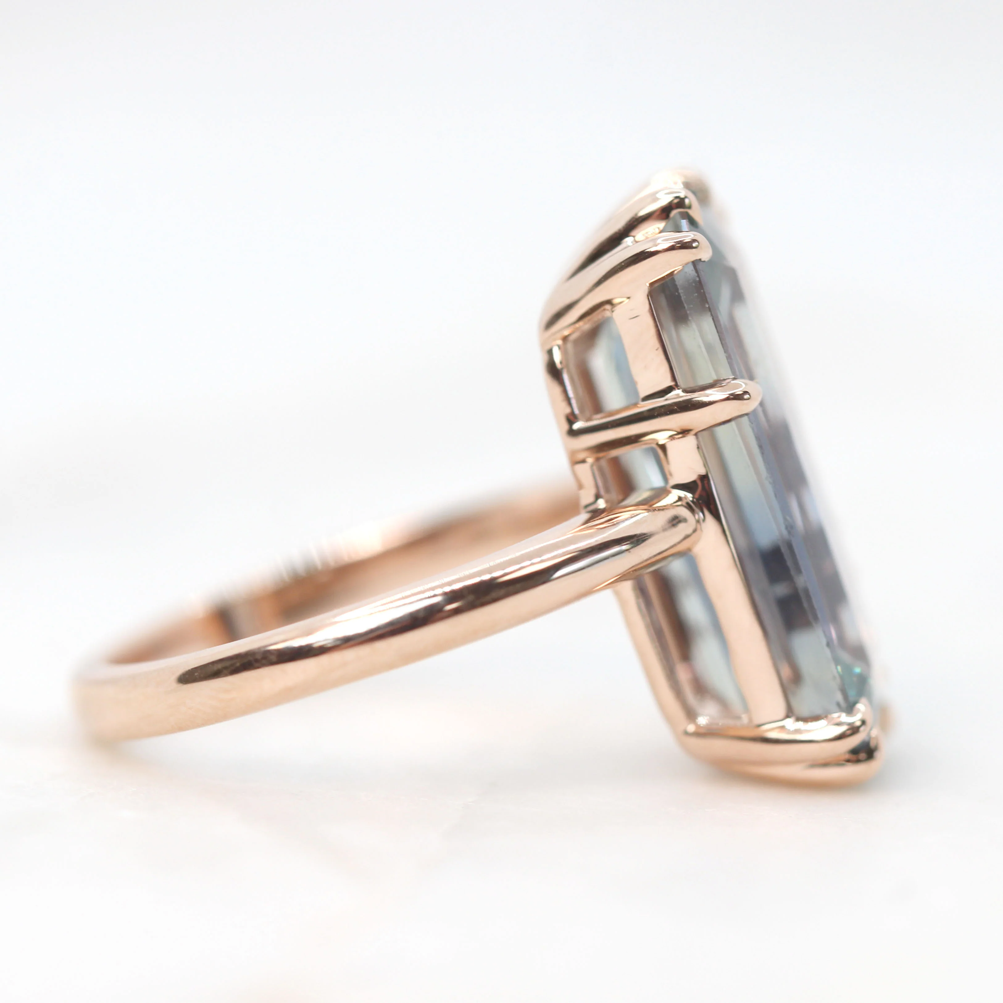 Elena Ring with a 10.75 Carat Emerald Cut Teal Sapphire in 14k Rose Gold - Ready to Size and Ship - Image 5