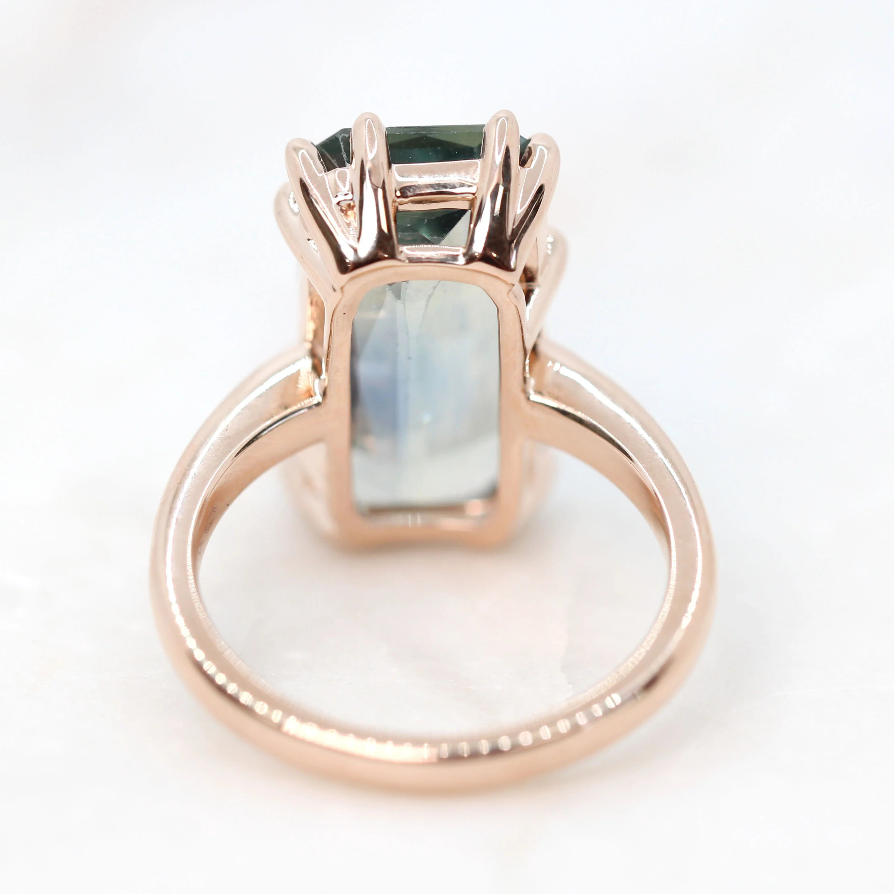 Elena Ring with a 10.75 Carat Emerald Cut Teal Sapphire in 14k Rose Gold - Ready to Size and Ship - Image 6