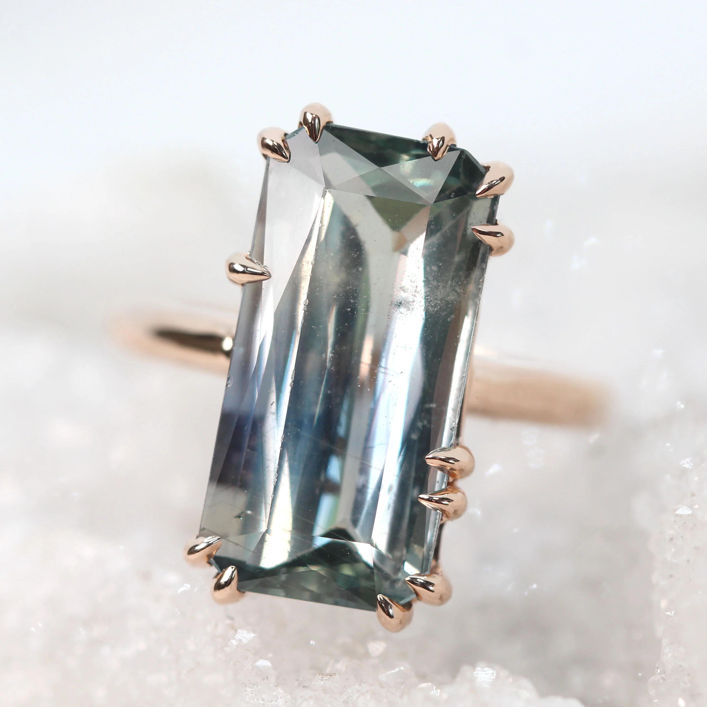 Elena Ring with a 10.75 Carat Emerald Cut Teal Sapphire in 14k Rose Gold - Ready to Size and Ship - Image 7
