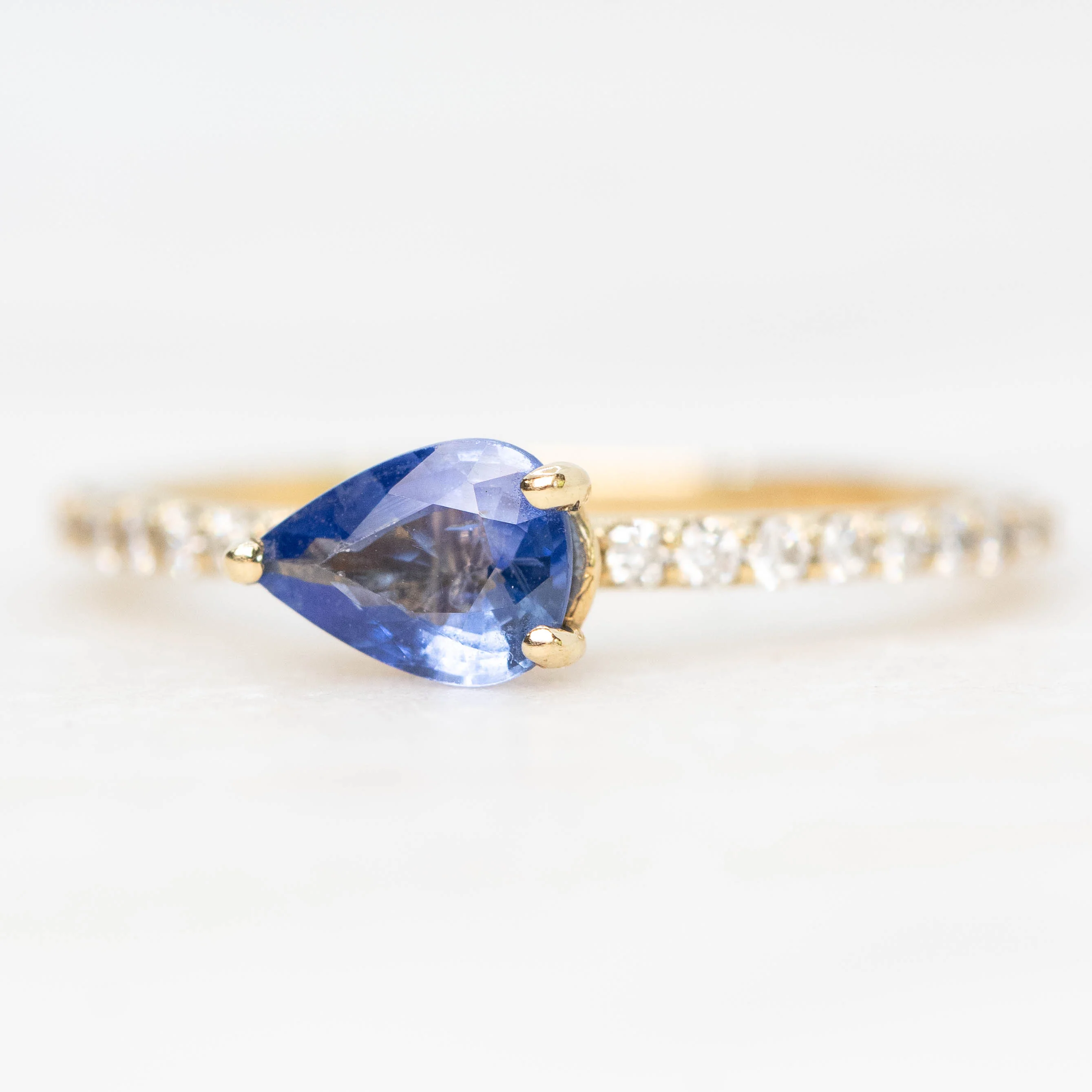 Gayle Ring with a 0.68 Carat Cornflower Blue Pear Sapphire and White Accent Diamonds in 10k Yellow Gold - Ready to Size and Ship - Image 3