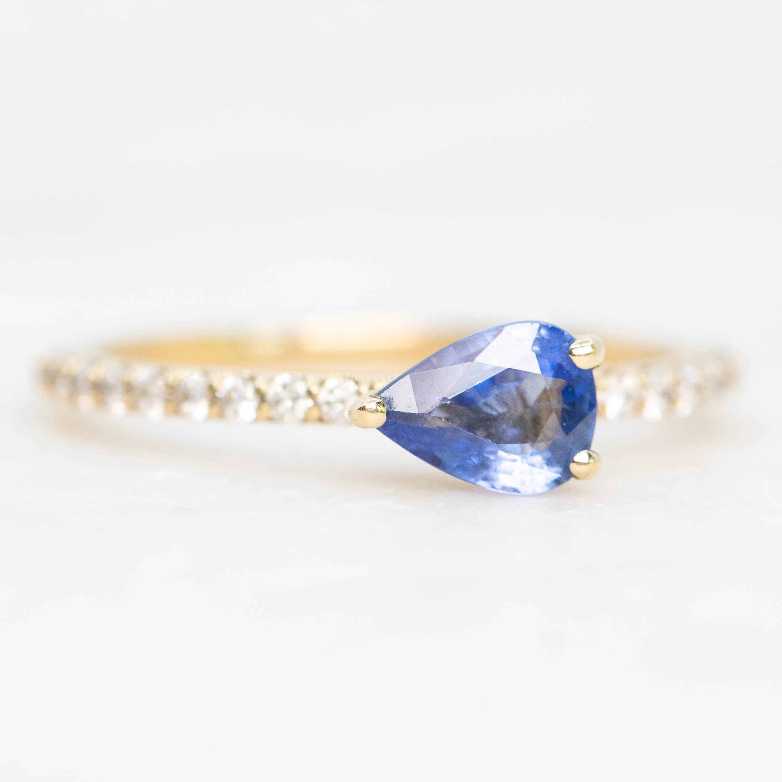 Gayle Ring with a 0.68 Carat Cornflower Blue Pear Sapphire and White Accent Diamonds in 10k Yellow Gold - Ready to Size and Ship - Image 4