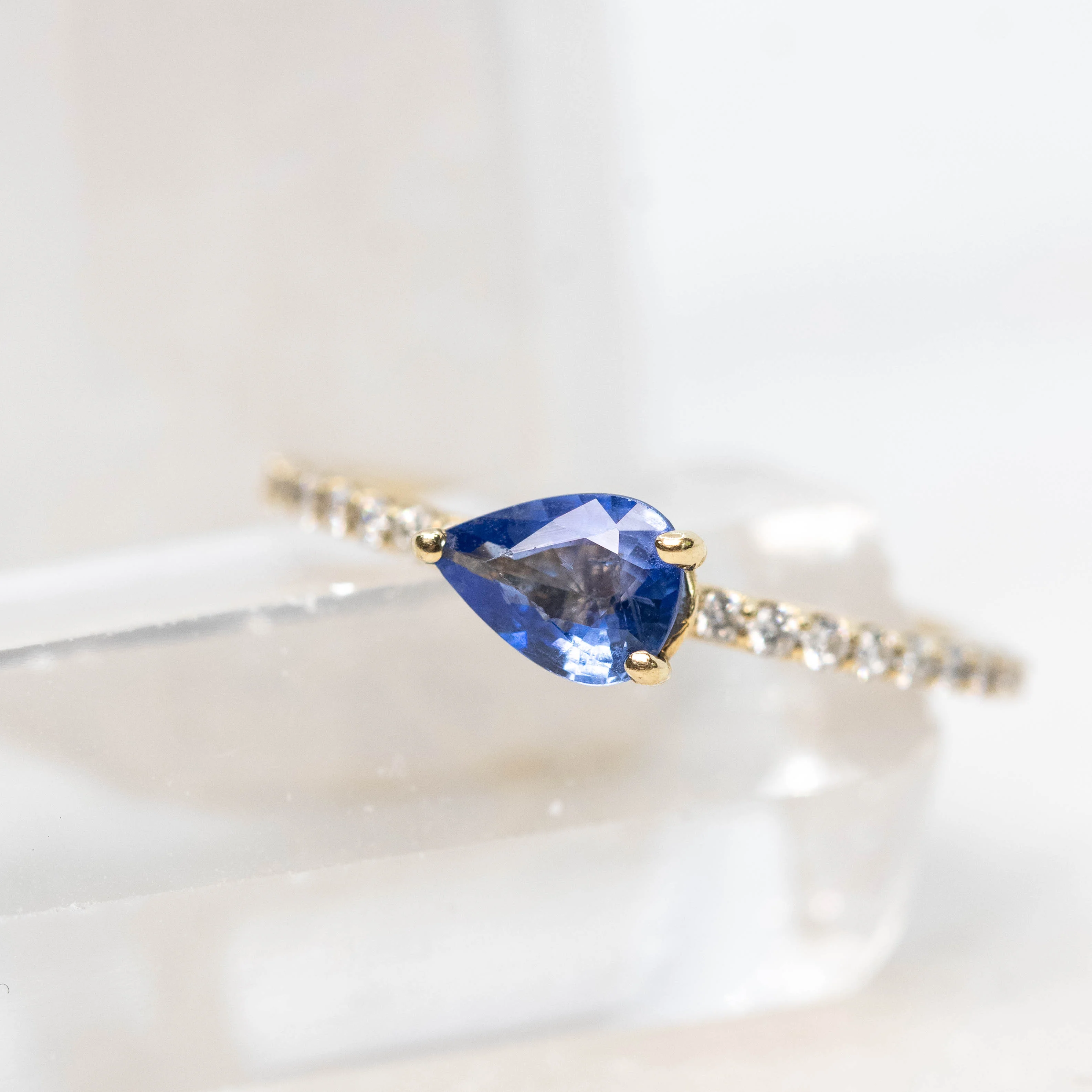 Gayle Ring with a 0.68 Carat Cornflower Blue Pear Sapphire and White Accent Diamonds in 10k Yellow Gold - Ready to Size and Ship - Image 8