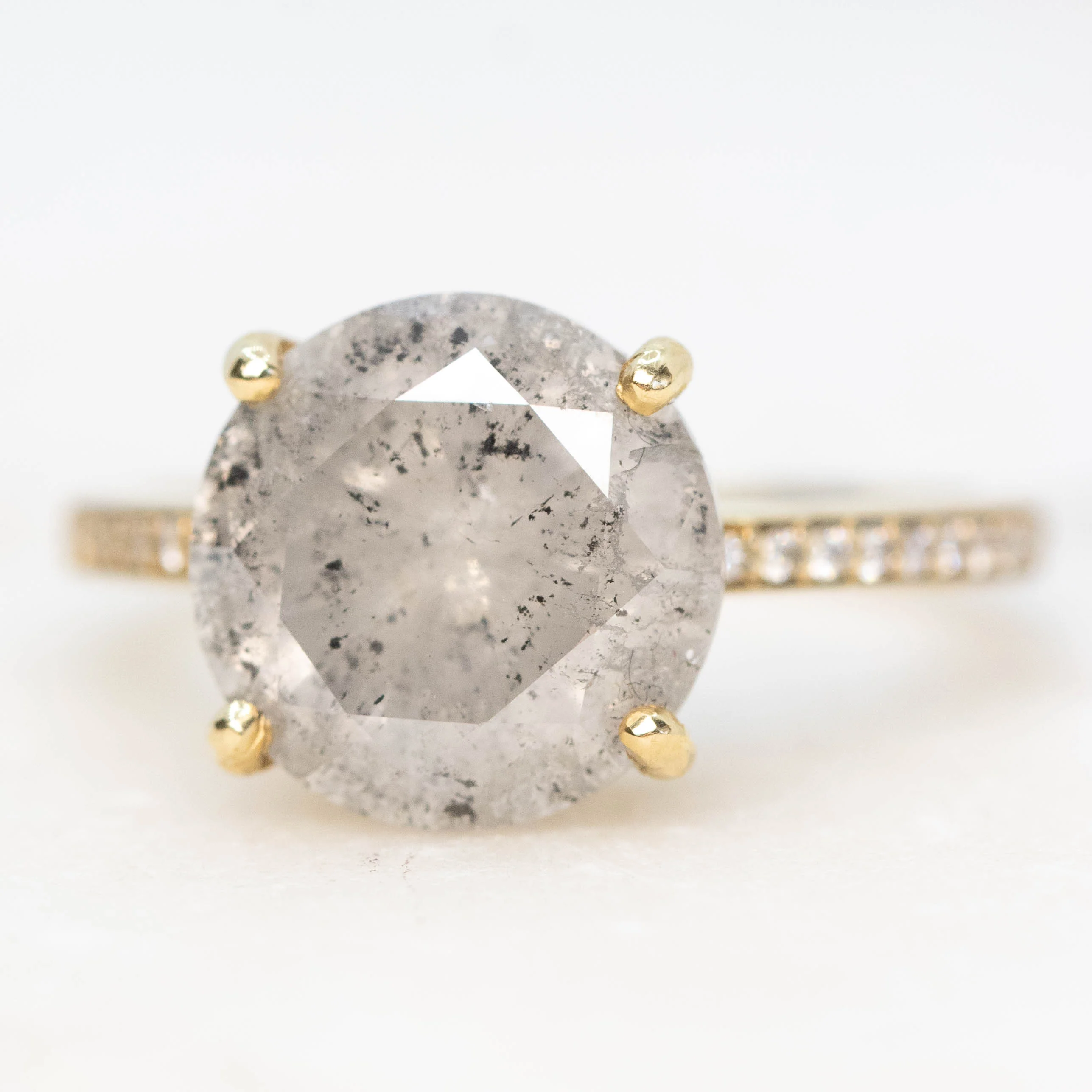 Imani Ring with a 4.87 Carat Round Salt and Pepper Diamond and White Pave Diamonds in 14k Yellow Gold - Ready to Size and Ship - Image 3