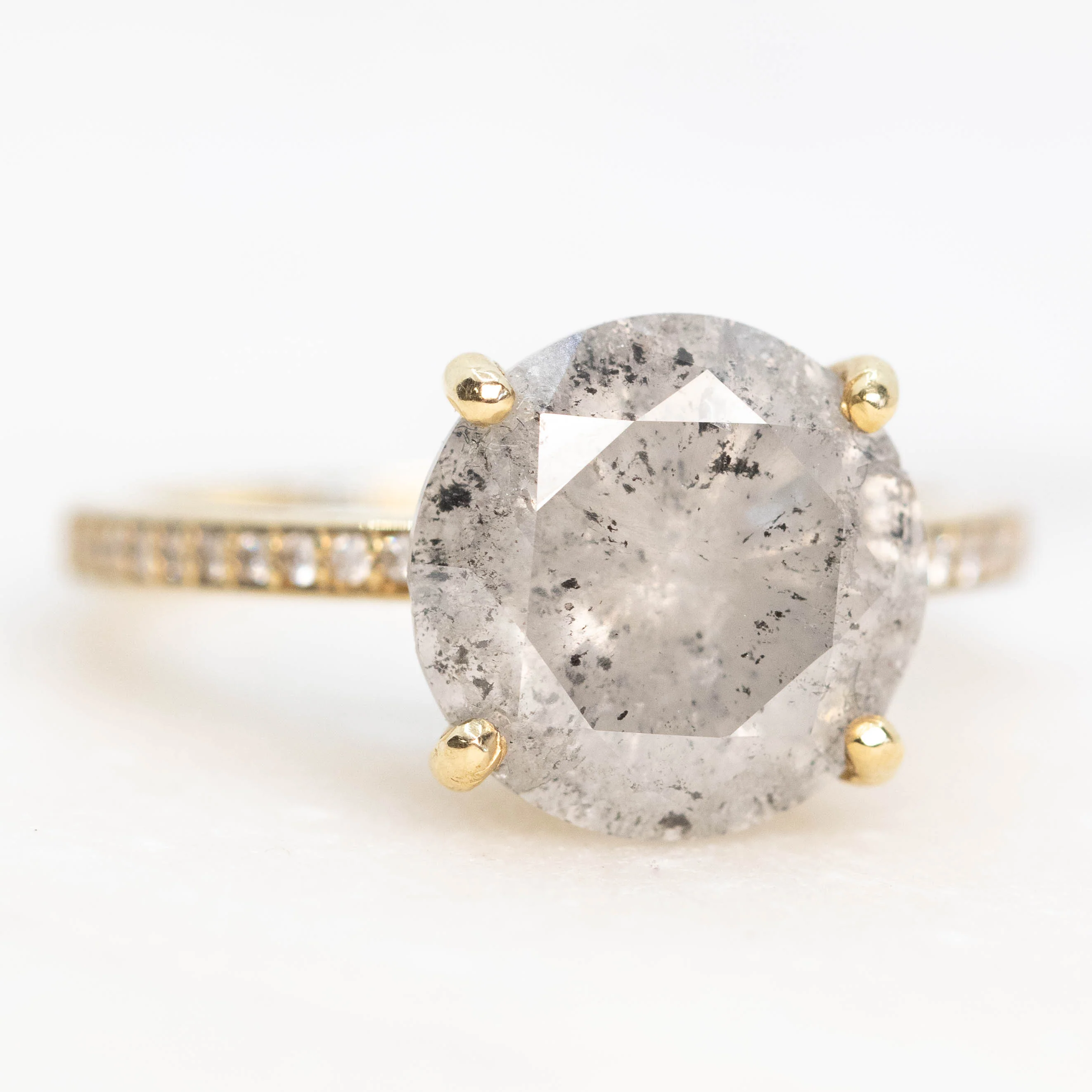 Imani Ring with a 4.87 Carat Round Salt and Pepper Diamond and White Pave Diamonds in 14k Yellow Gold - Ready to Size and Ship - Image 4