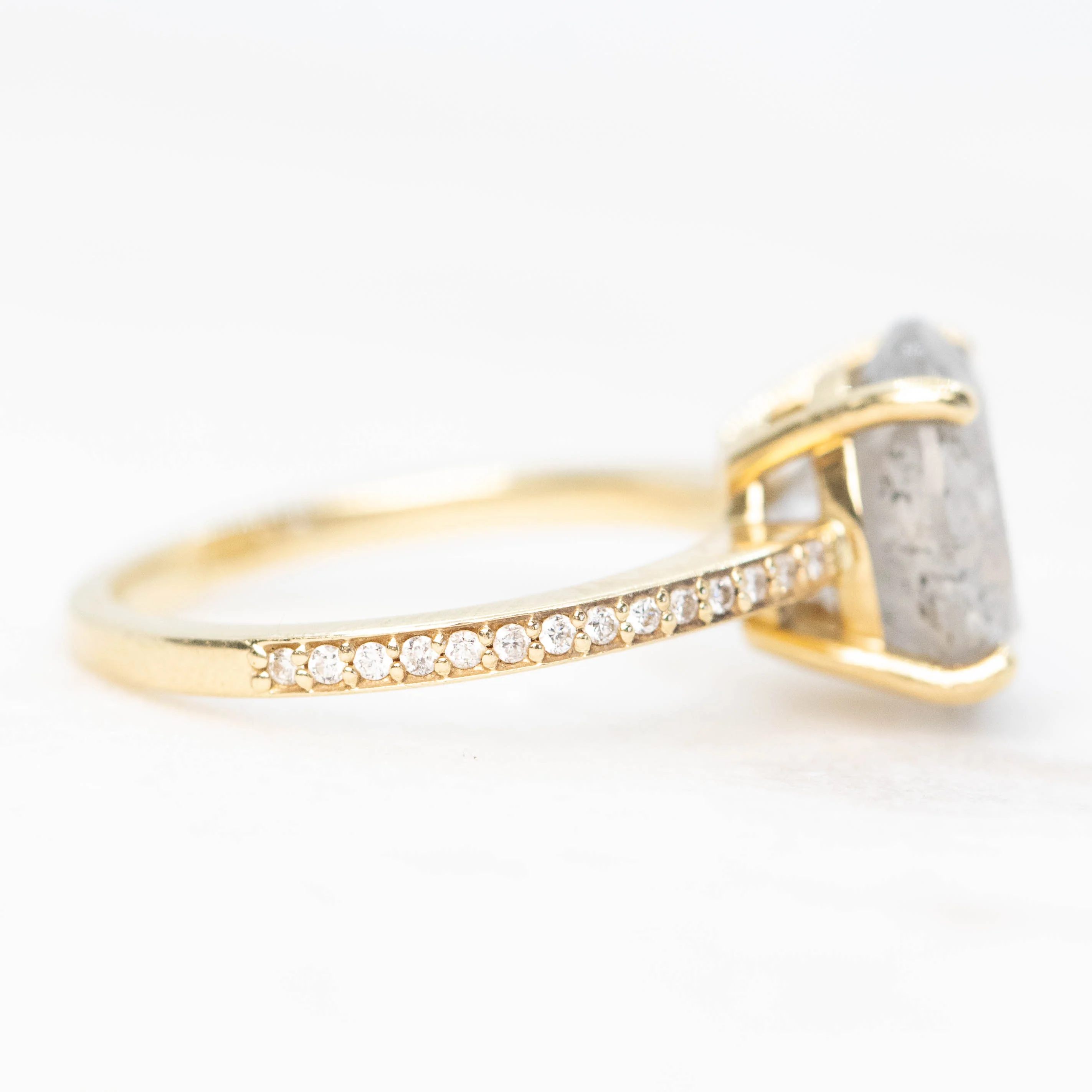 Imani Ring with a 4.87 Carat Round Salt and Pepper Diamond and White Pave Diamonds in 14k Yellow Gold - Ready to Size and Ship - Image 5