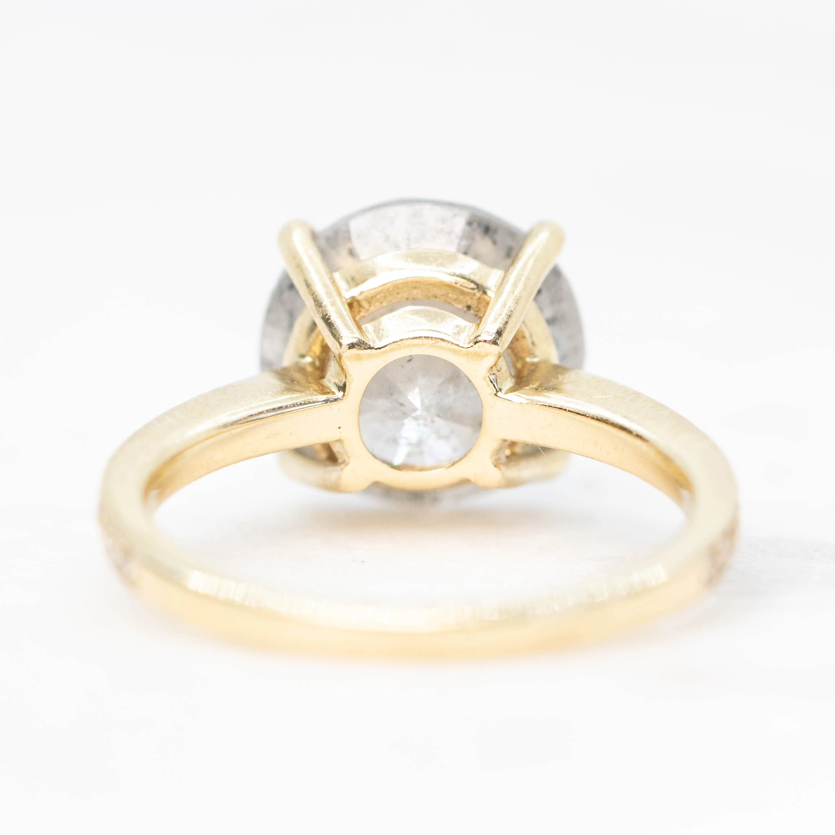 Imani Ring with a 4.87 Carat Round Salt and Pepper Diamond and White Pave Diamonds in 14k Yellow Gold - Ready to Size and Ship - Image 6