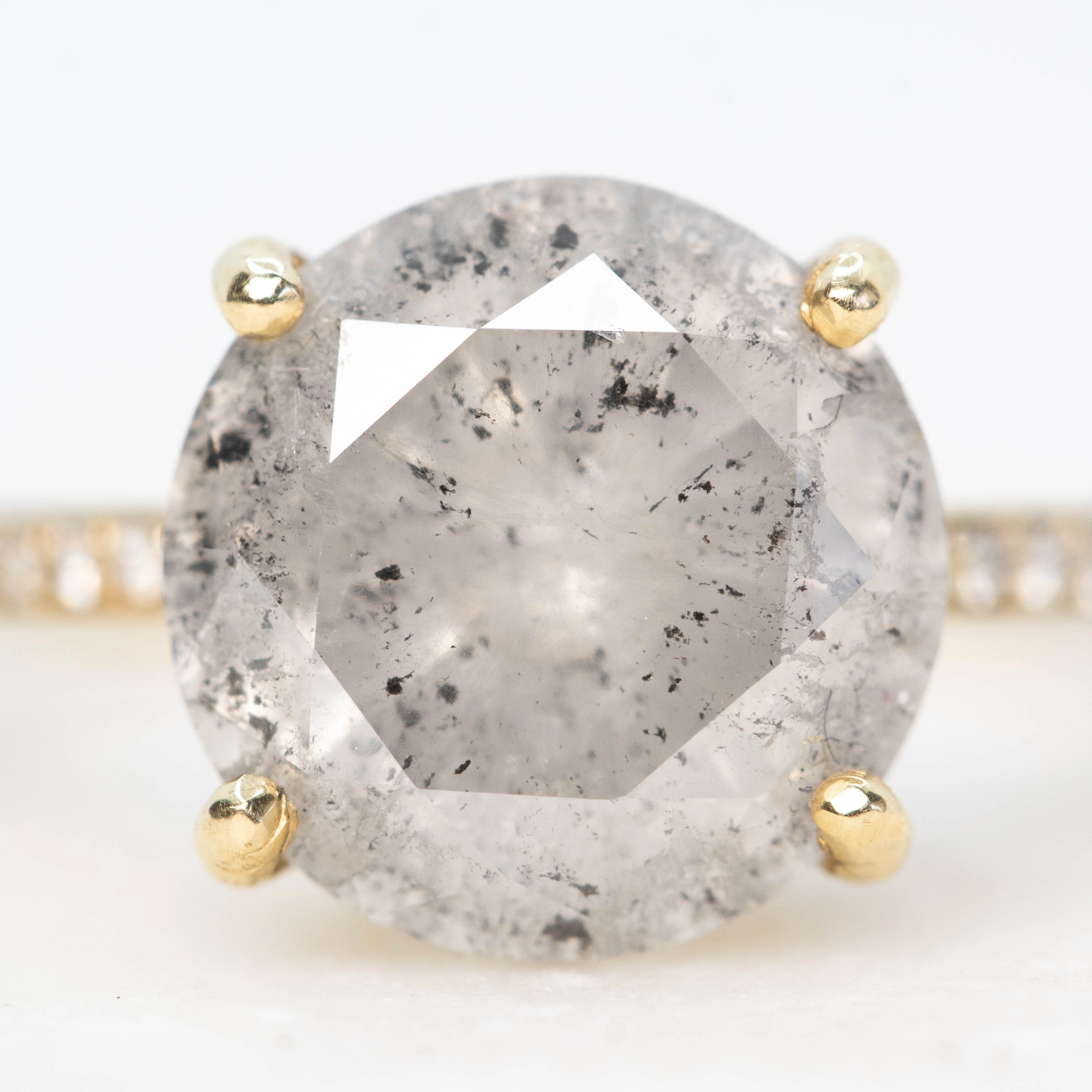 Imani Ring with a 4.87 Carat Round Salt and Pepper Diamond and White Pave Diamonds in 14k Yellow Gold - Ready to Size and Ship - Image 7