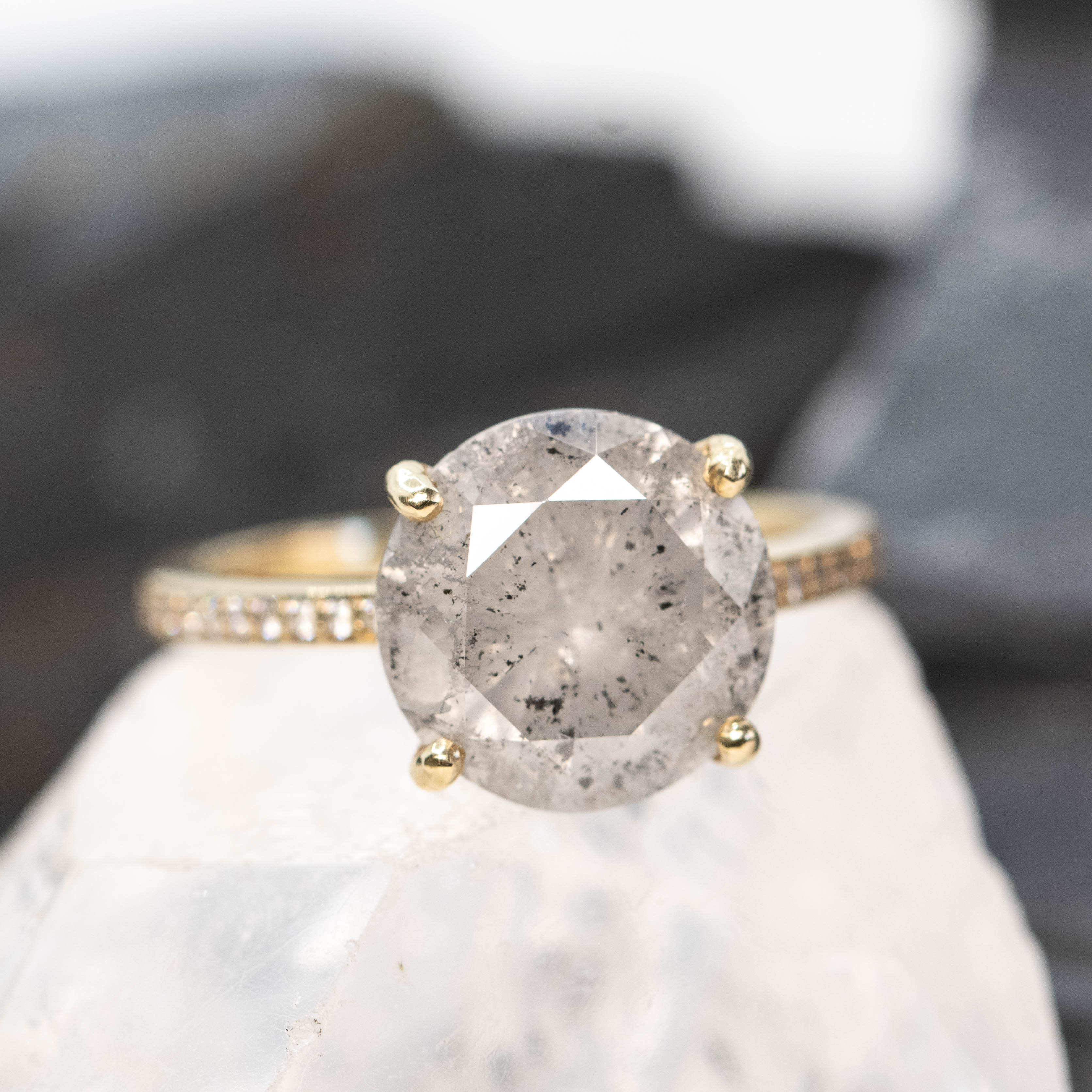 Imani Ring with a 4.87 Carat Round Salt and Pepper Diamond and White Pave Diamonds in 14k Yellow Gold - Ready to Size and Ship - Image 8