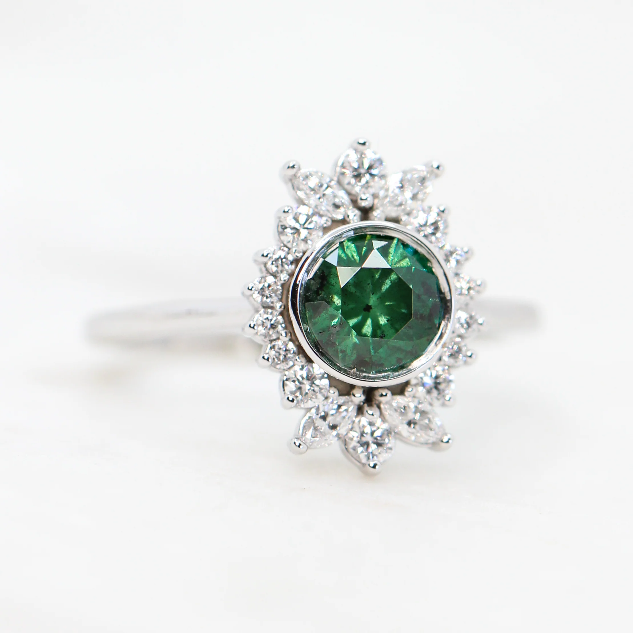 Juliette Ring with a 0.83 Carat Round Green Diamond and White Accent Diamonds in 14k White Gold - Ready to Size and Ship - Image 3