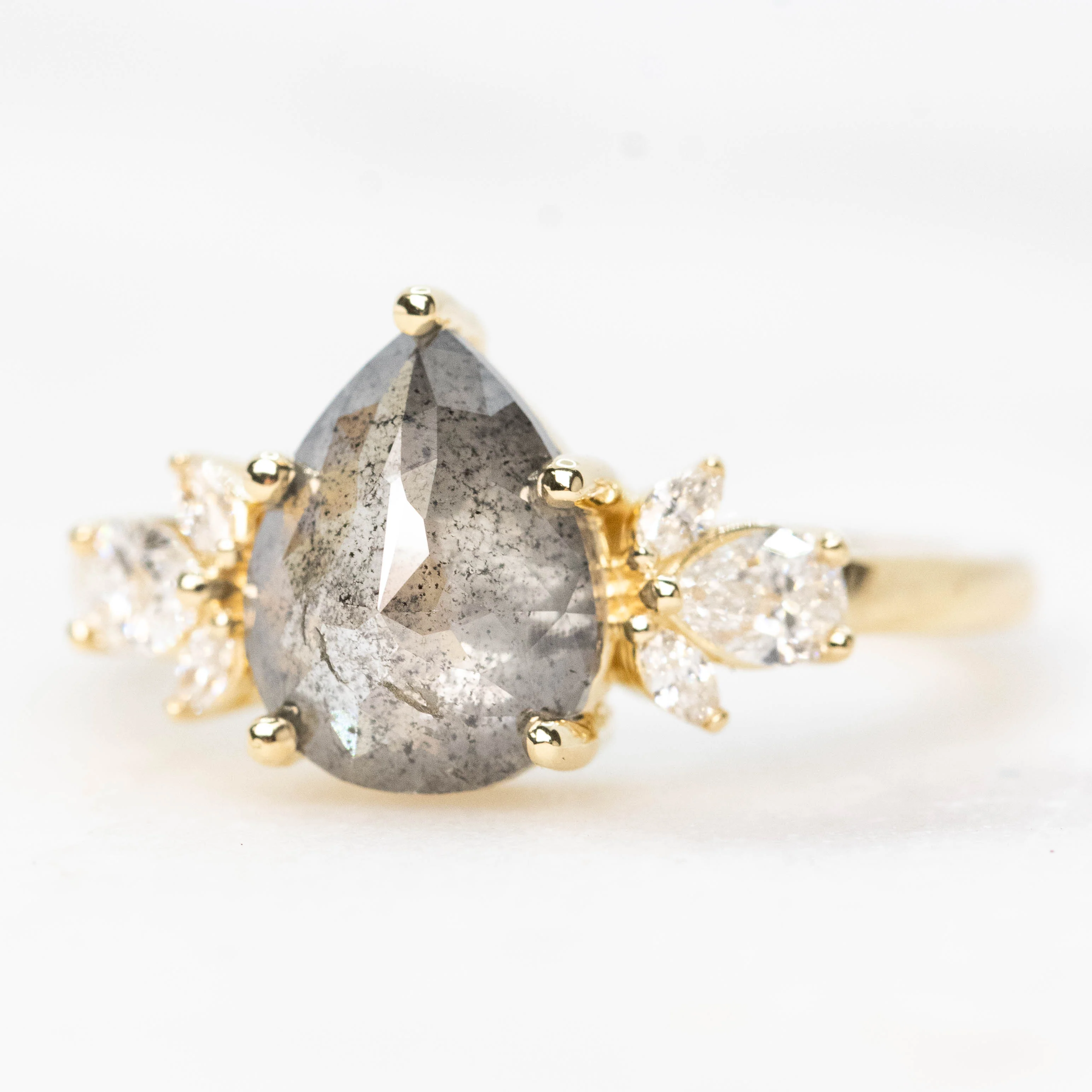 Kendra Ring with a 2.06 Carat Dark and Clear Pear Diamond and White Accent Diamonds in 14k Yellow Gold - Ready to Size and Ship - Image 3