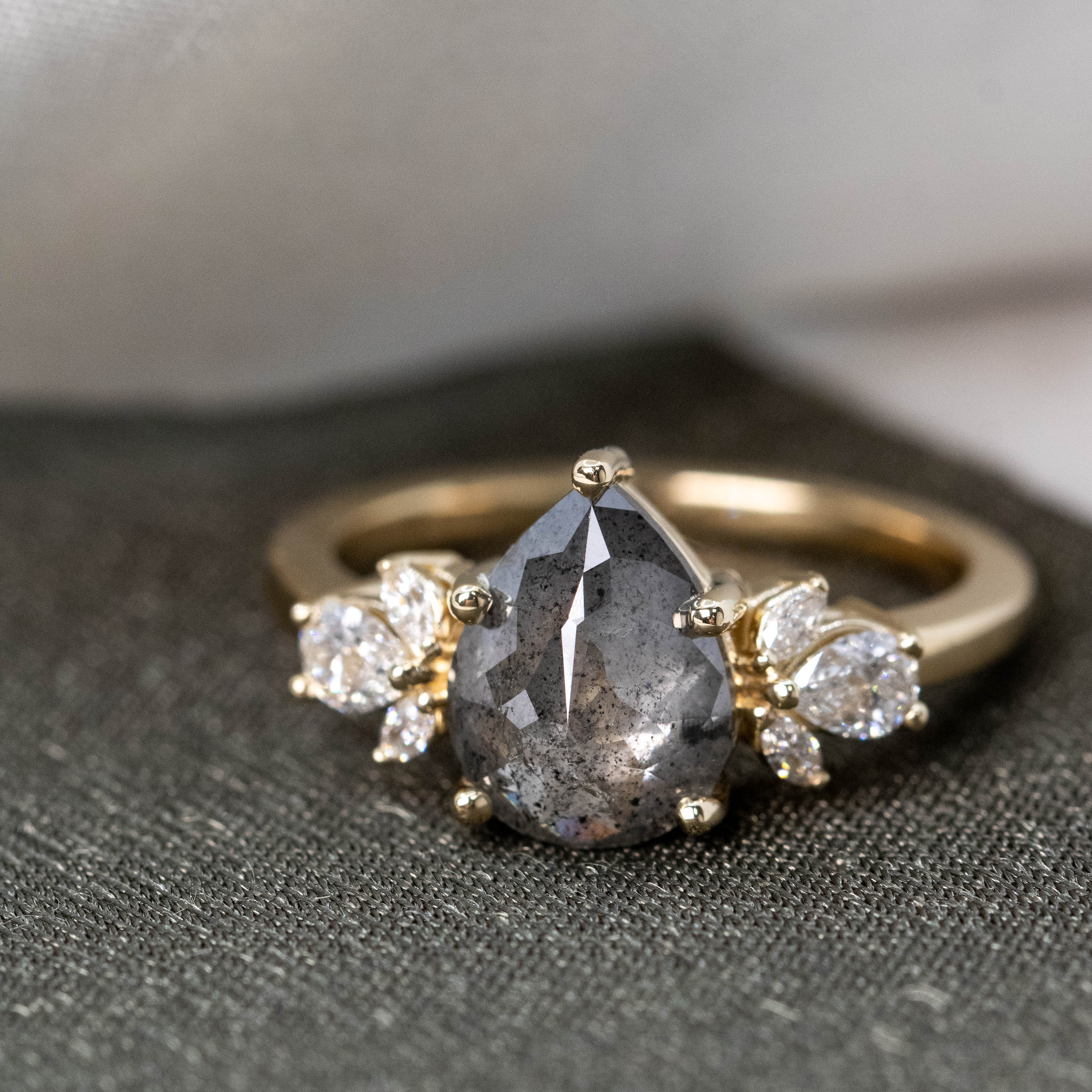 Kendra Ring with a 2.06 Carat Dark and Clear Pear Diamond and White Accent Diamonds in 14k Yellow Gold - Ready to Size and Ship - Image 8