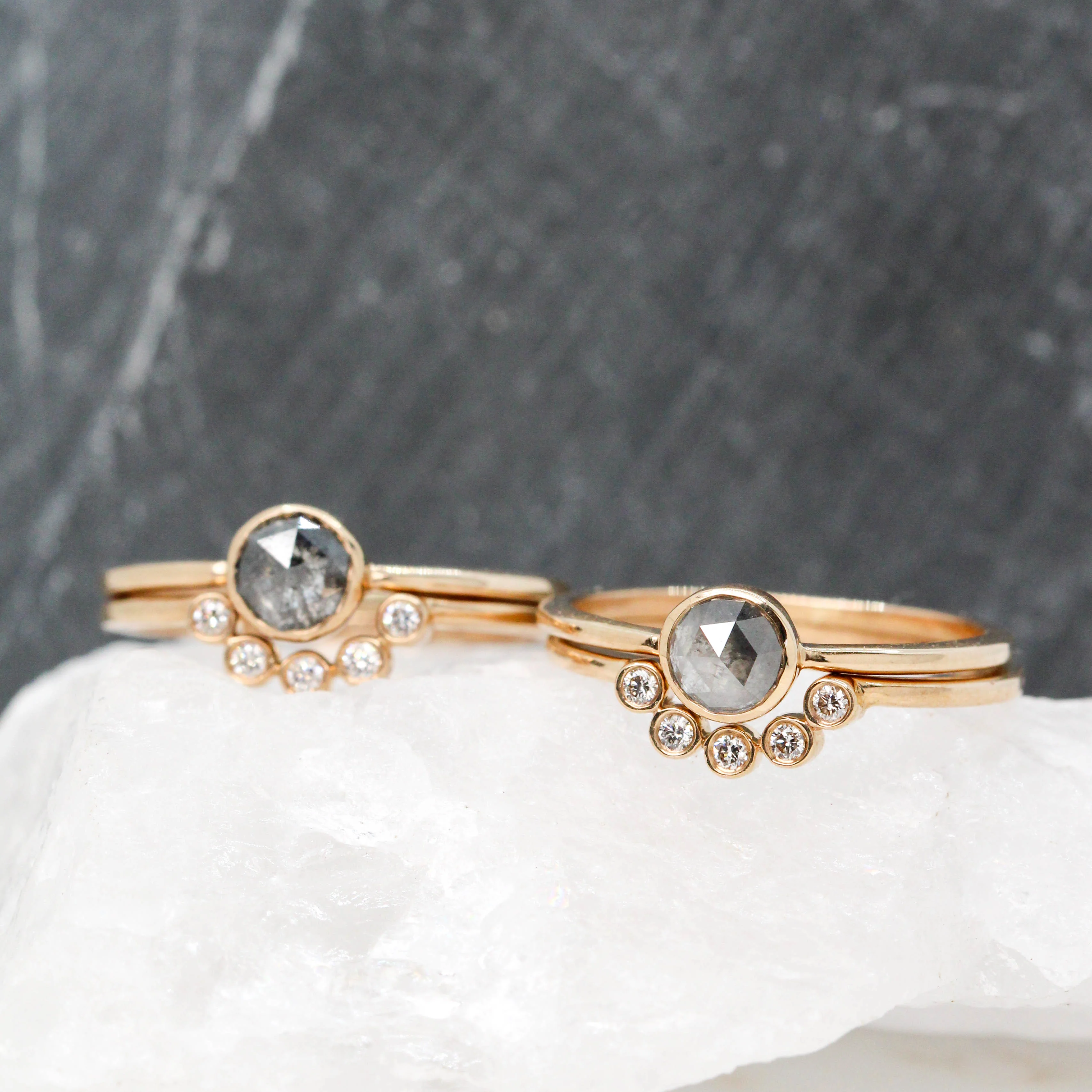 Rose Cut Salt and Pepper Diamond Bezel Ring Set in 14k Champagne Gold - Ready to Ship - Image 12
