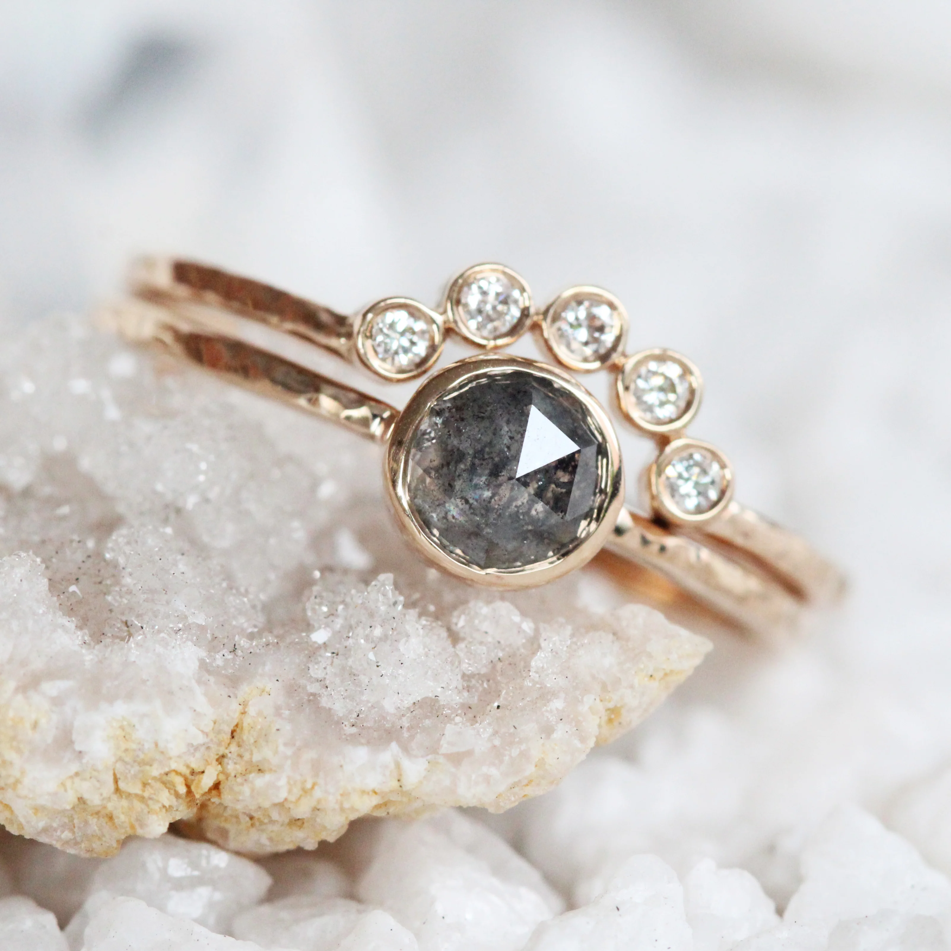 Rose Cut Salt and Pepper Diamond Bezel Ring Set in 14k Champagne Gold - Ready to Ship - Image 13