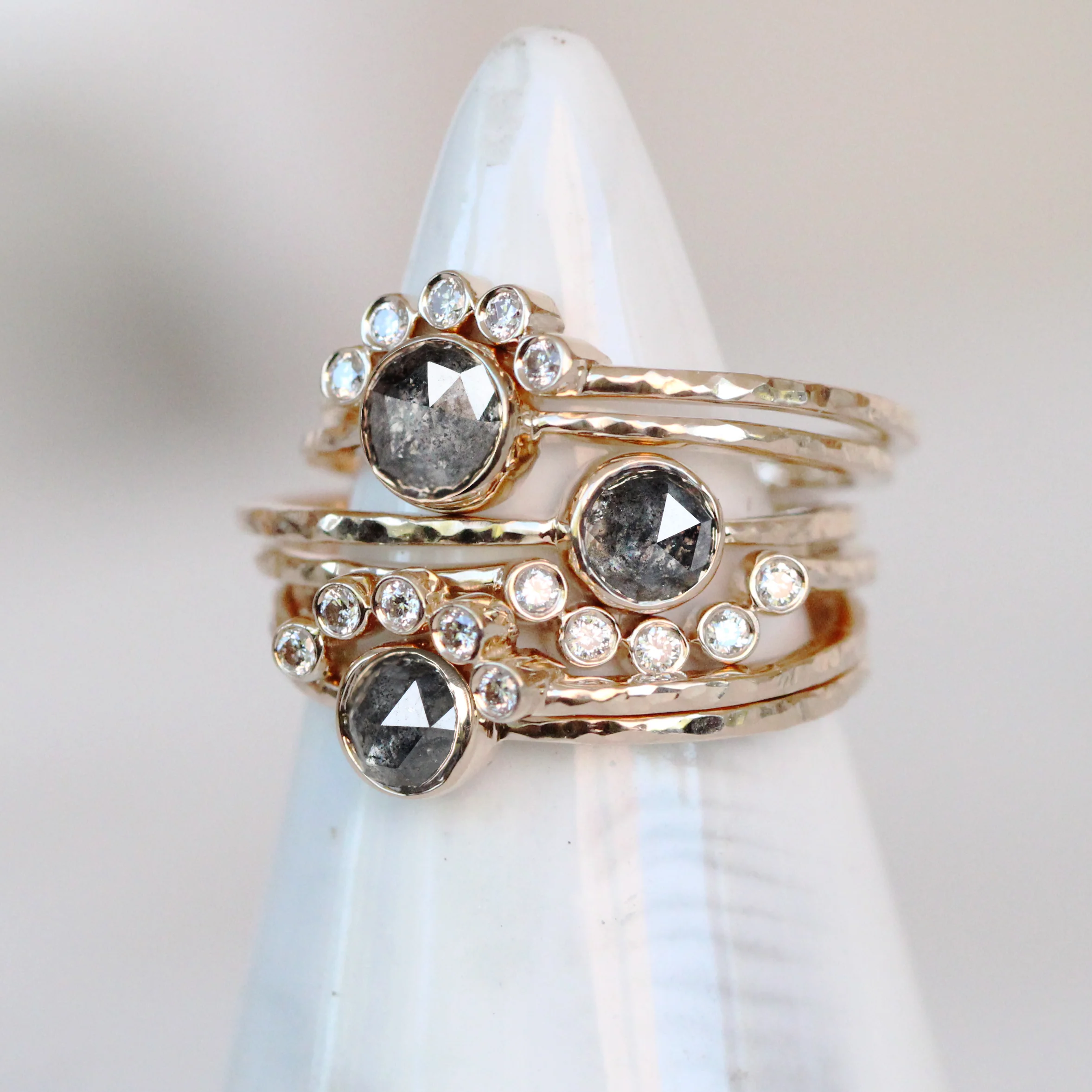 Rose Cut Salt and Pepper Diamond Bezel Ring Set in 14k Champagne Gold - Ready to Ship - Image 3