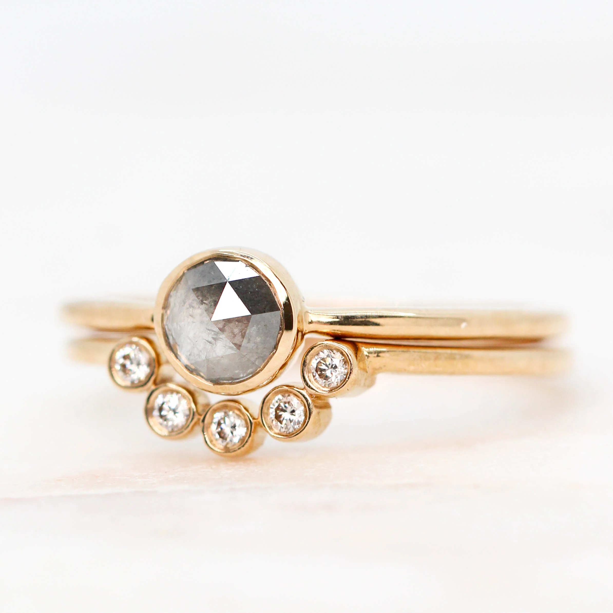 Rose Cut Salt and Pepper Diamond Bezel Ring Set in 14k Champagne Gold - Ready to Ship - Image 5