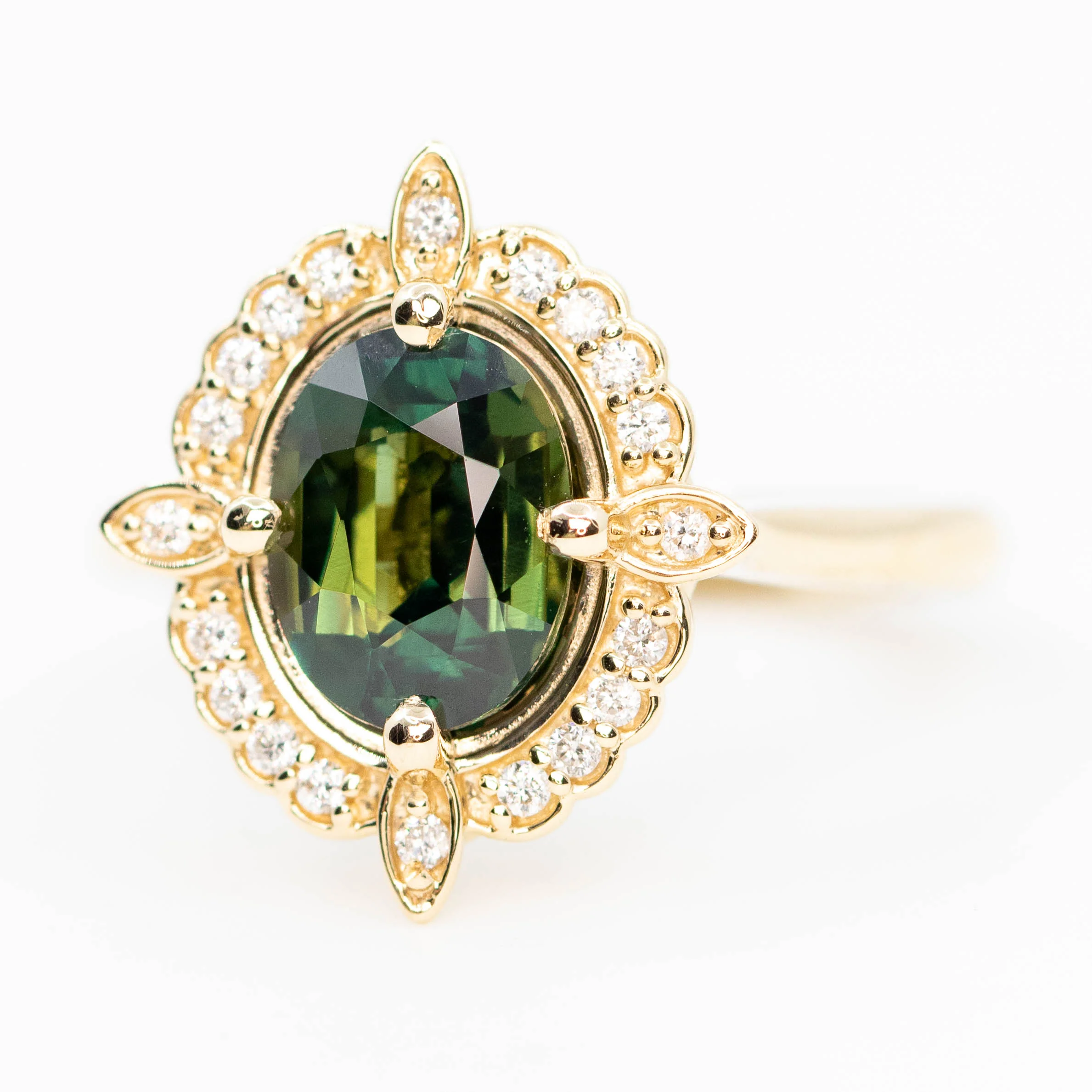 McKenzie Ring with a 2.18 Carat Green Oval Sapphire and White Accent Diamonds in 14k Yellow Gold - Ready to Size and Ship - Image 3