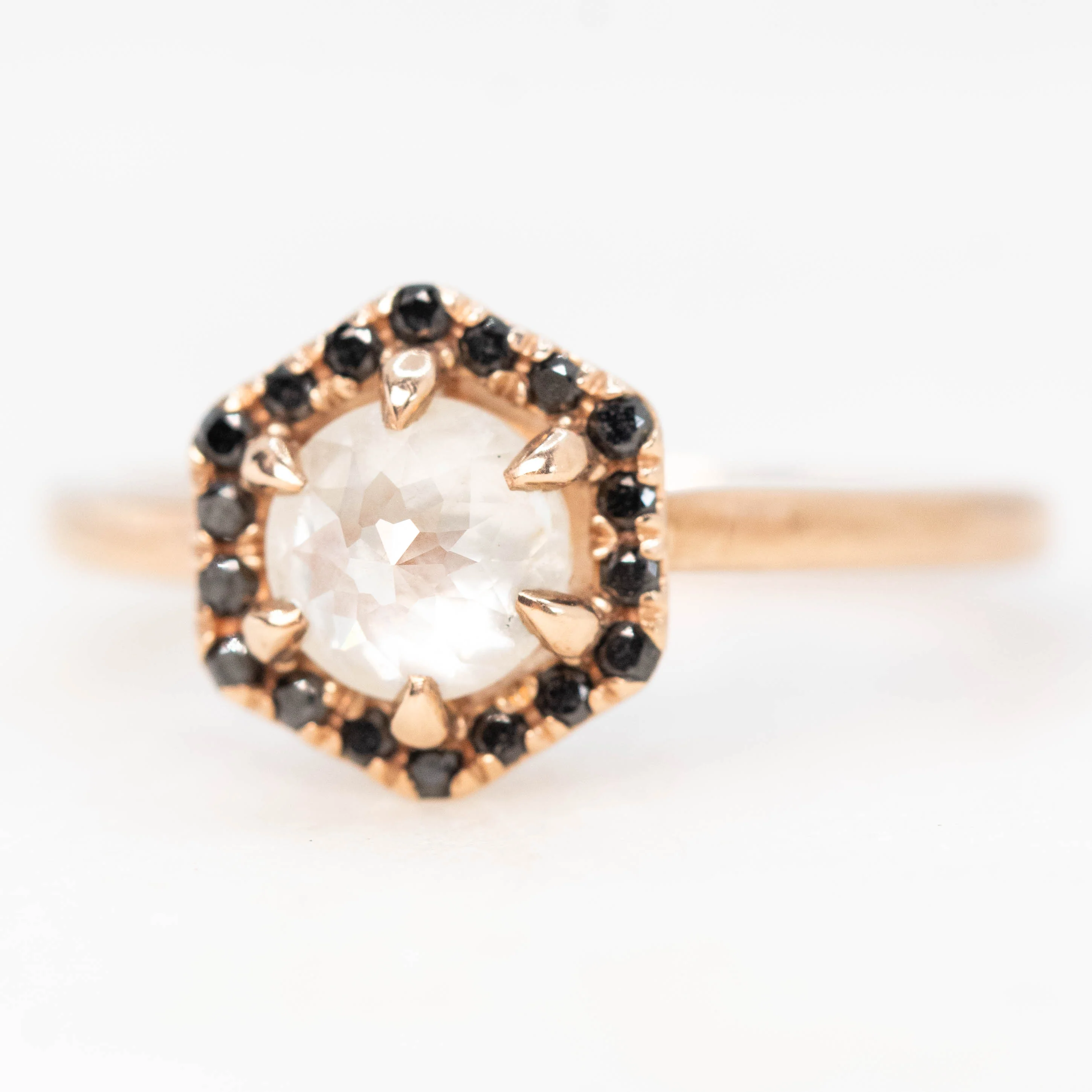 Sia Ring with a 0.90 Carat Misty White Round Rose Cut Diamond and Black Accent Diamonds in 10k Rose Gold - Ready to Size and Ship - Image 3