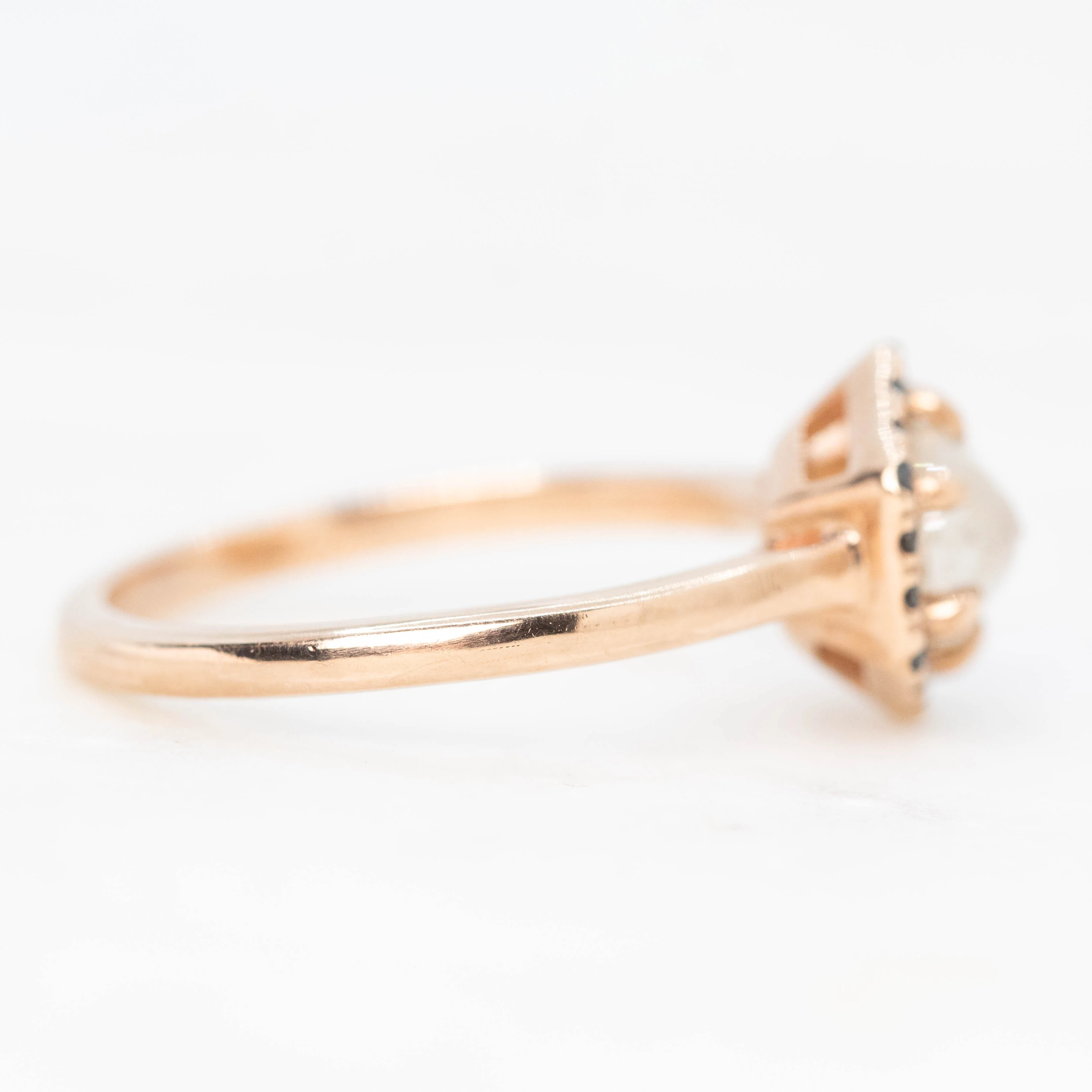 Sia Ring with a 0.90 Carat Misty White Round Rose Cut Diamond and Black Accent Diamonds in 10k Rose Gold - Ready to Size and Ship - Image 5