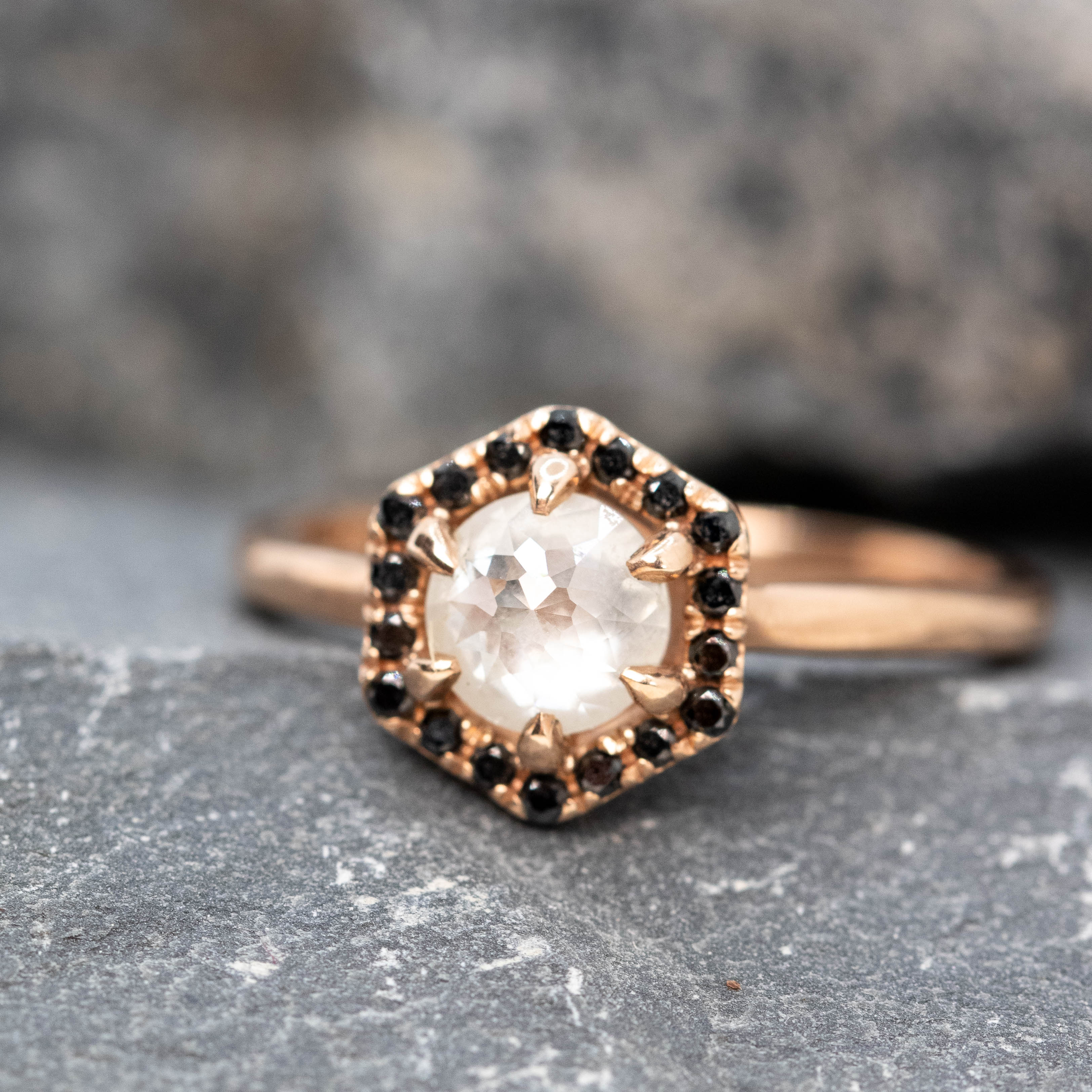 Sia Ring with a 0.90 Carat Misty White Round Rose Cut Diamond and Black Accent Diamonds in 10k Rose Gold - Ready to Size and Ship - Image 8