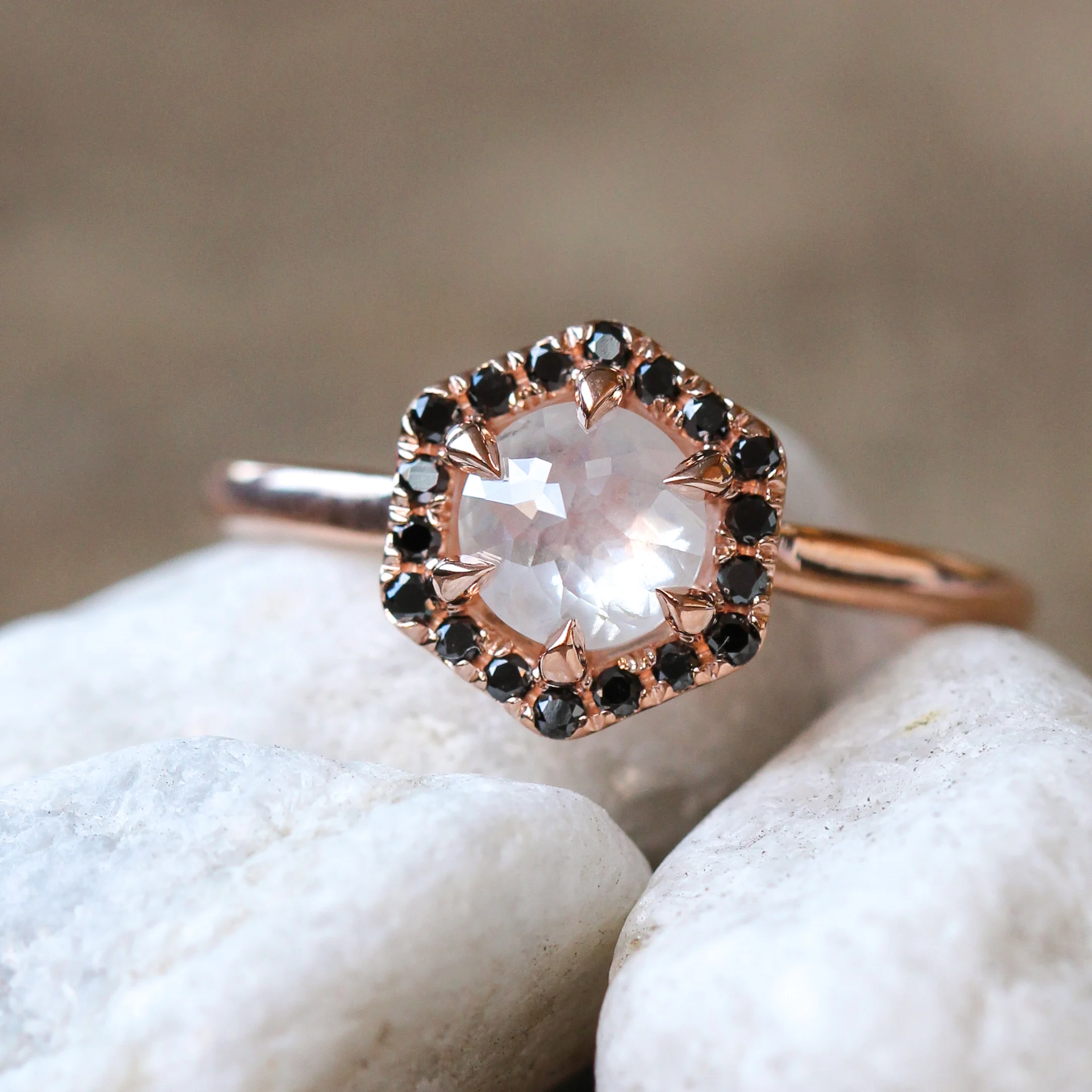 Sia Ring with a 0.90 Carat Misty White Round Rose Cut Diamond and Black Accent Diamonds in 10k Rose Gold - Ready to Size and Ship - Image 9