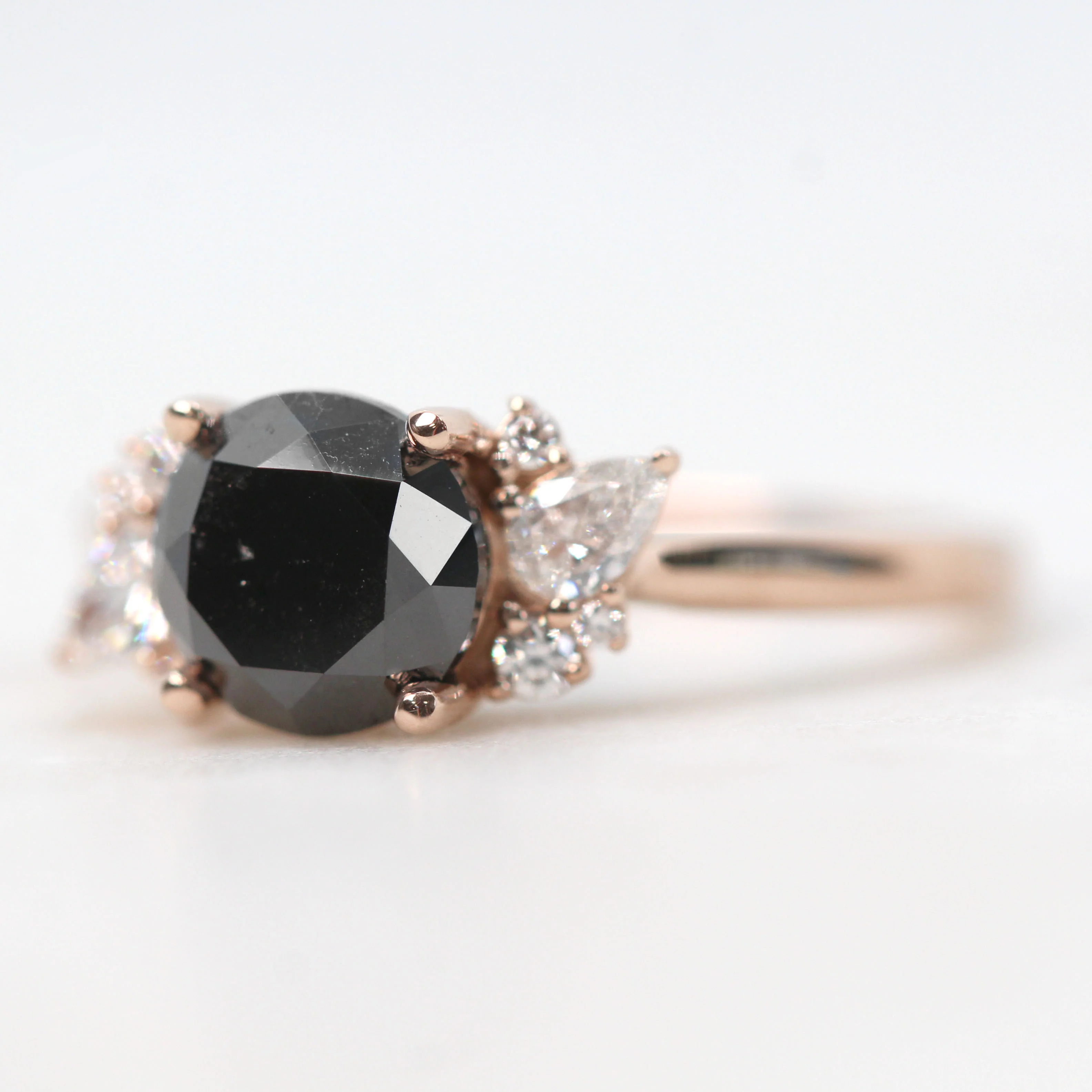 Sable Ring with a 2.20 Carat Round Black Salt and Pepper Diamond and White Accent Diamonds in 14k Rose Gold - Ready to Size and Ship - Image 3