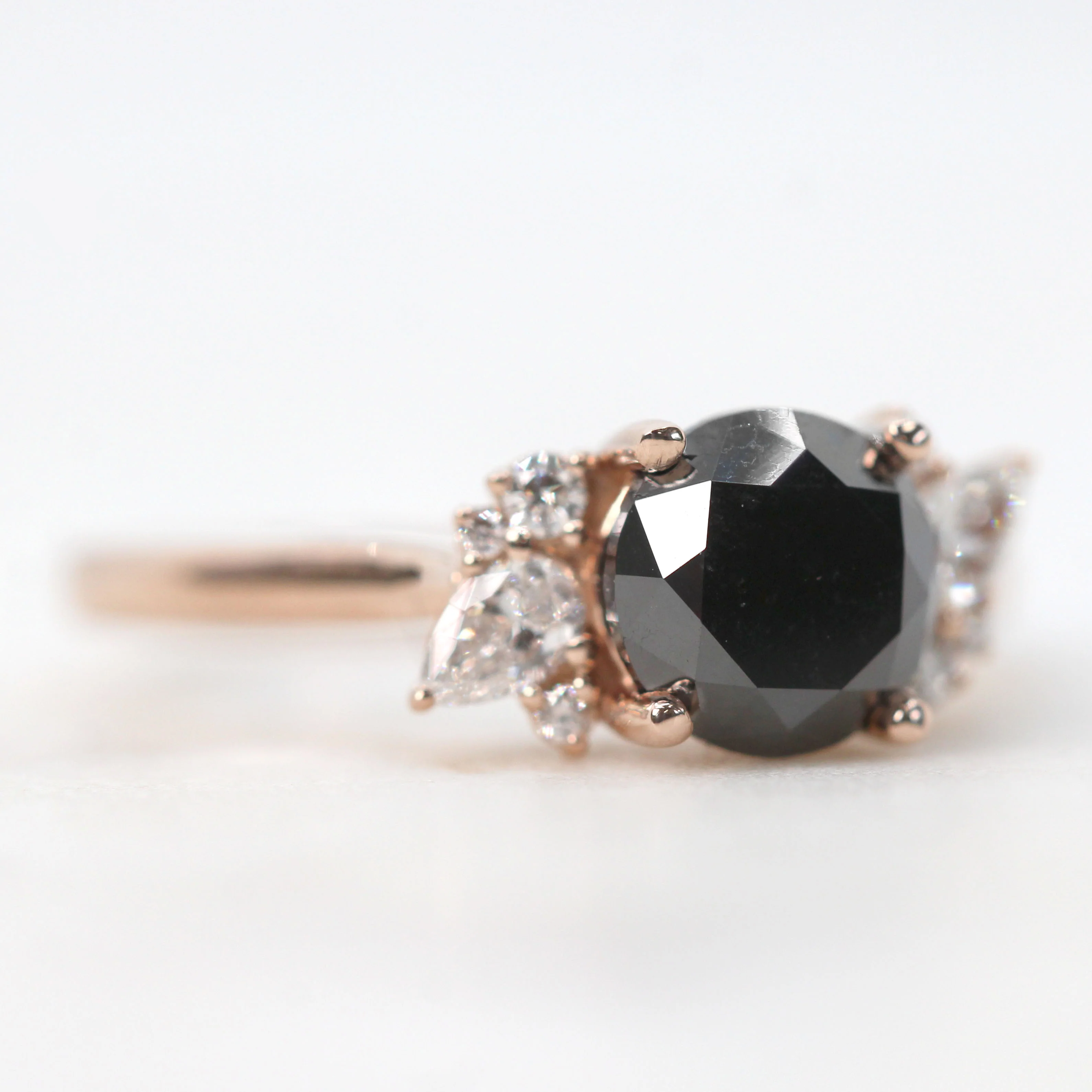 Sable Ring with a 2.20 Carat Round Black Salt and Pepper Diamond and White Accent Diamonds in 14k Rose Gold - Ready to Size and Ship - Image 4
